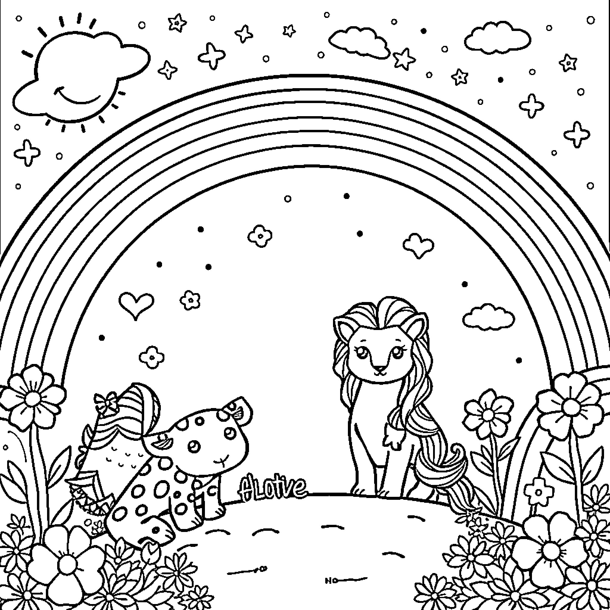 Lisa Frank nature scene with cute animals and flowers Coloring Page (free black-and-white line drawing printable PDF for all, from beginners to advanced learners, including children, teens, adults, and seniors)