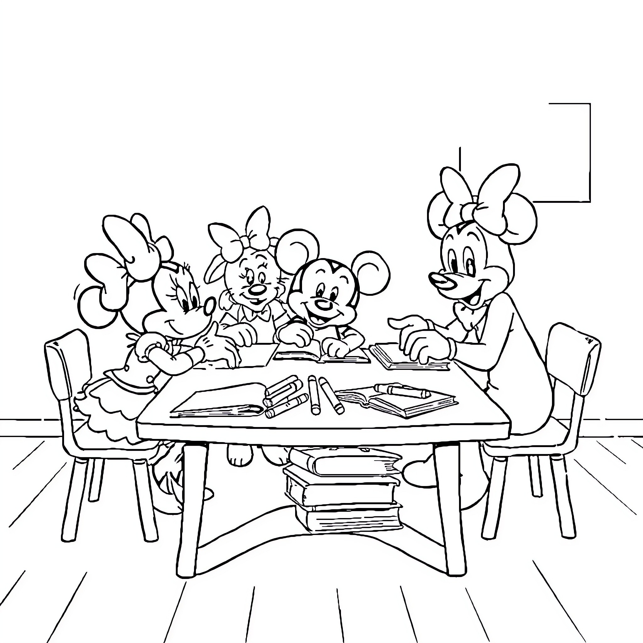 Minnie and friends drawing together at the table Coloring Page (free black-and-white line drawing printable PDF for all, from beginners to advanced learners, including children, teens, adults, and seniors)