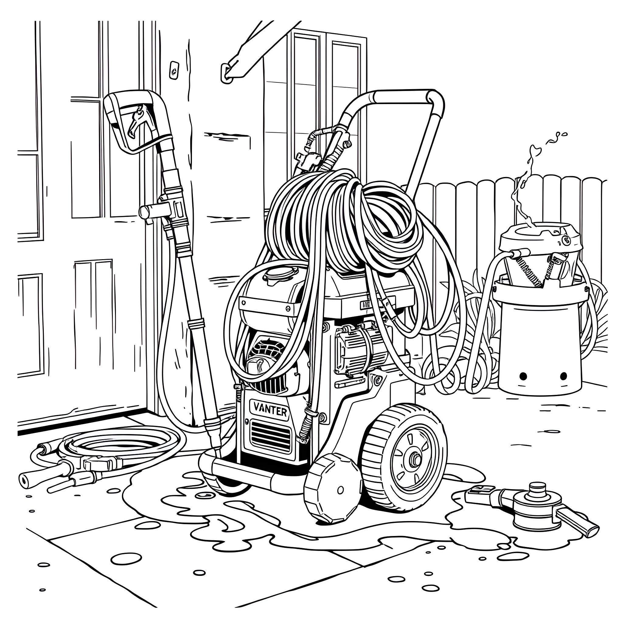 Power Washer Cleaning Tools in Action Coloring Page (free black-and-white line drawing printable PDF for all, from beginners to advanced learners, including children, teens, adults, and seniors)