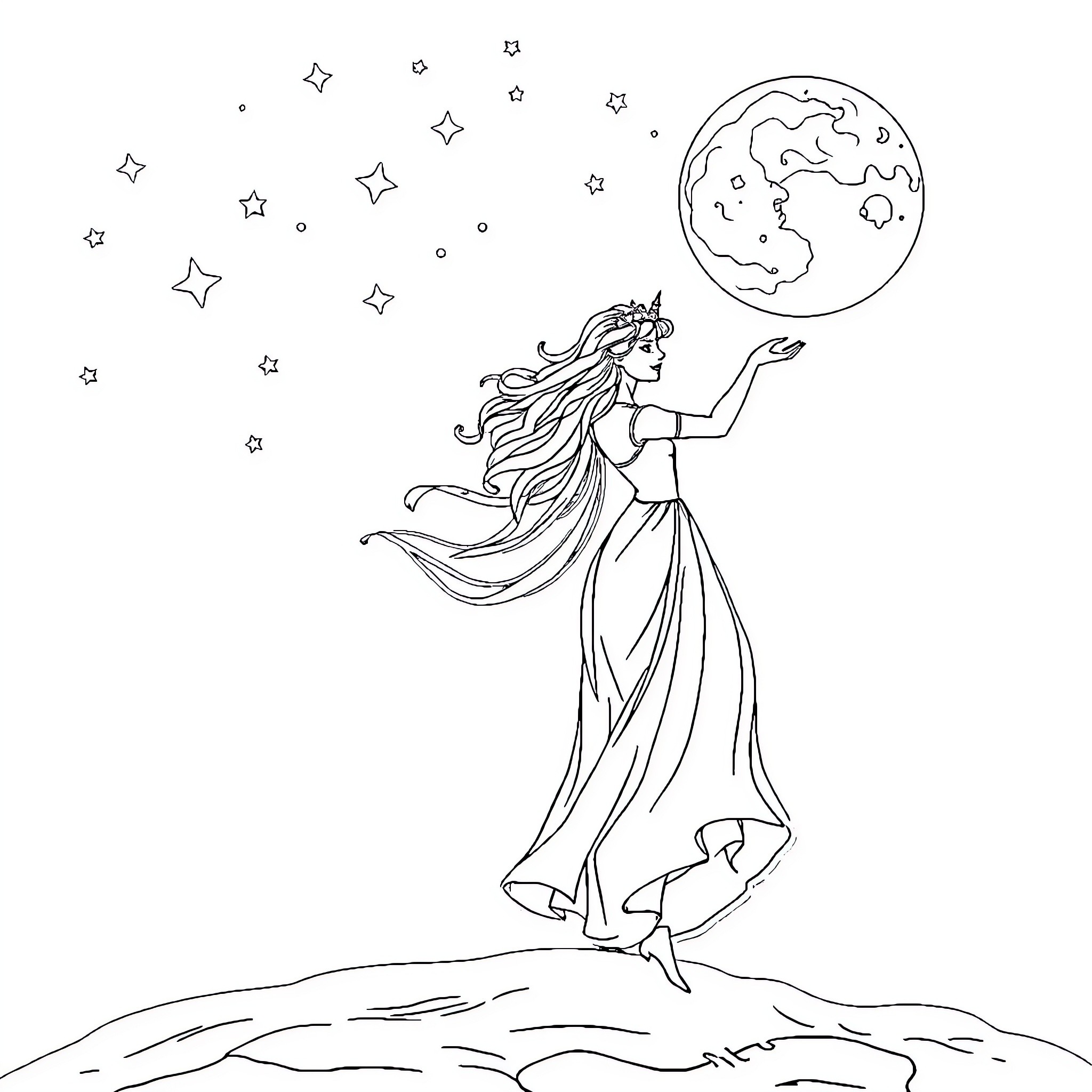 Princess Dancing with the Stars in the Night Sky Coloring Page (free black-and-white line drawing printable PDF for all, from beginners to advanced learners, including children, teens, adults, and seniors)