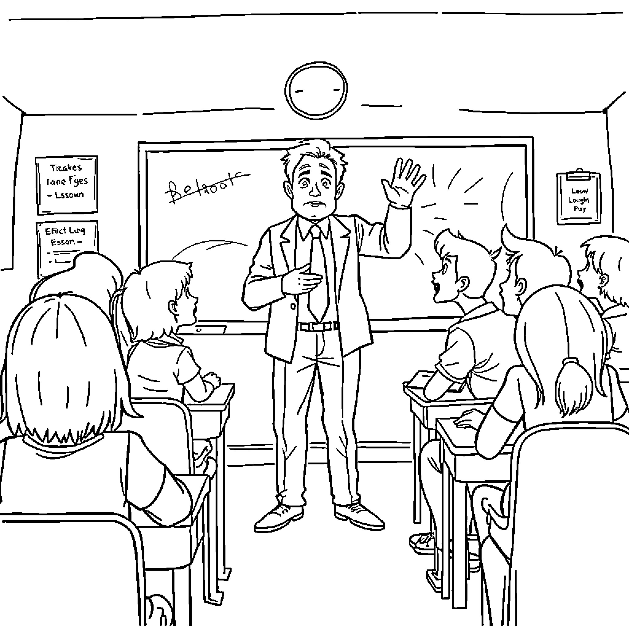 Teacher engaging students in interactive classroom Coloring Page (free black-and-white line drawing printable PDF for all, from beginners to advanced learners, including children, teens, adults, and seniors)