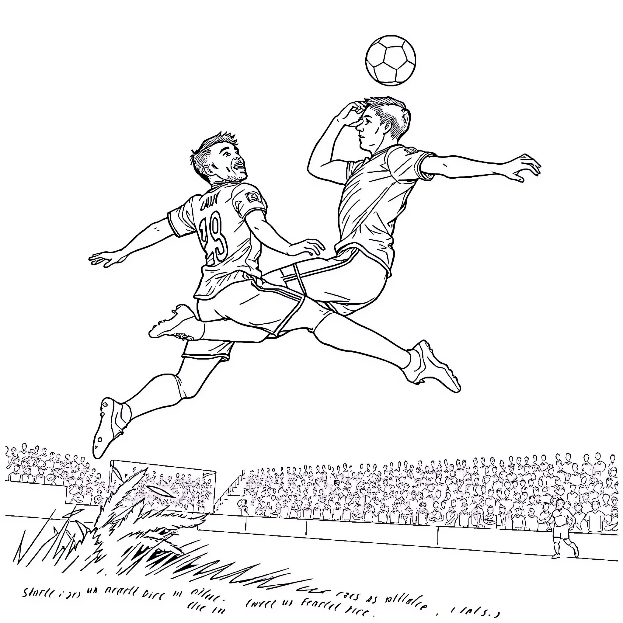 Joueurs en pleine action sur le terrain de football Coloring Page (free black-and-white line drawing printable PDF for all, from beginners to advanced learners, including children, teens, adults, and seniors)