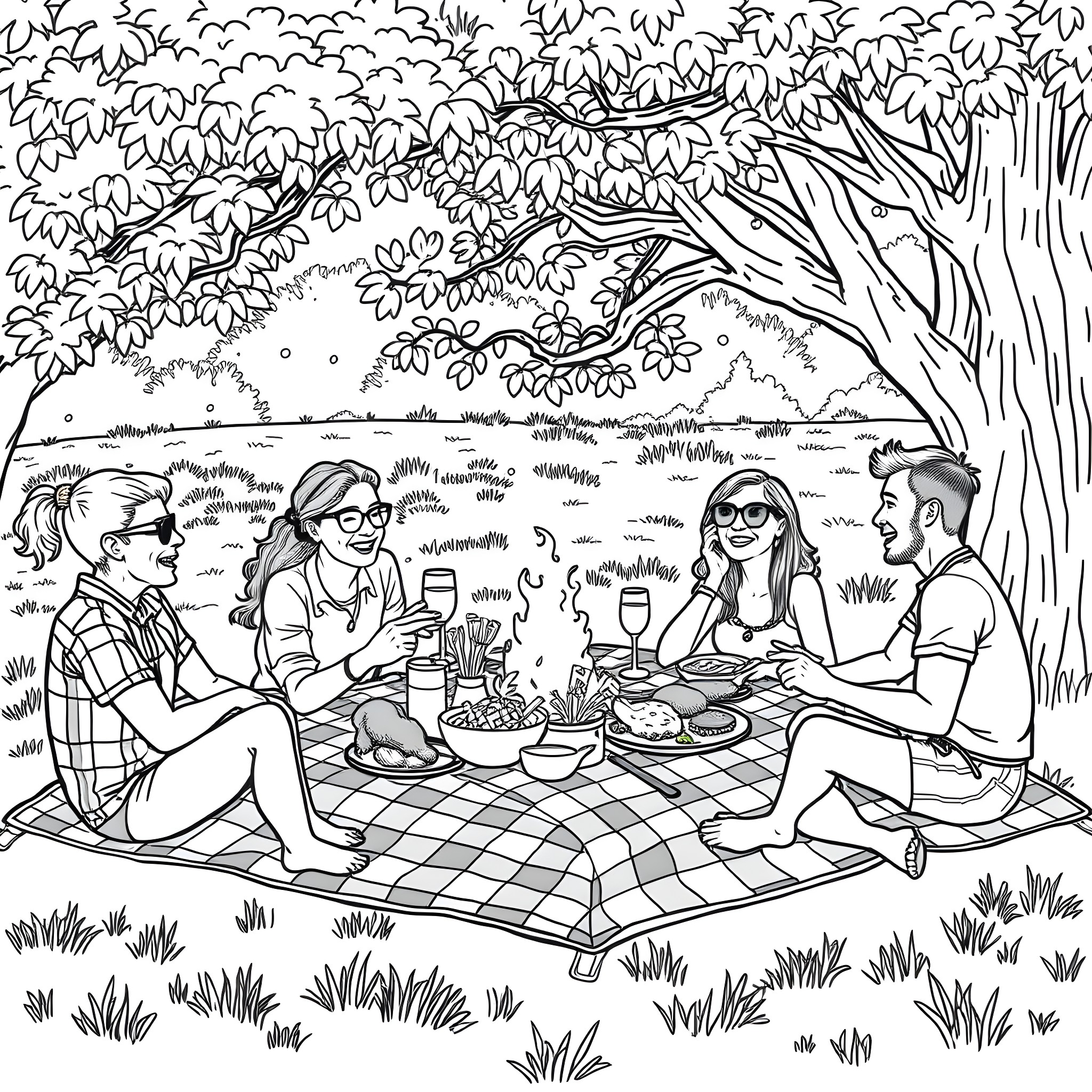 Person enjoying picnic with friends in nature Coloring Page (free black-and-white line drawing printable PDF for all, from beginners to advanced learners, including children, teens, adults, and seniors)