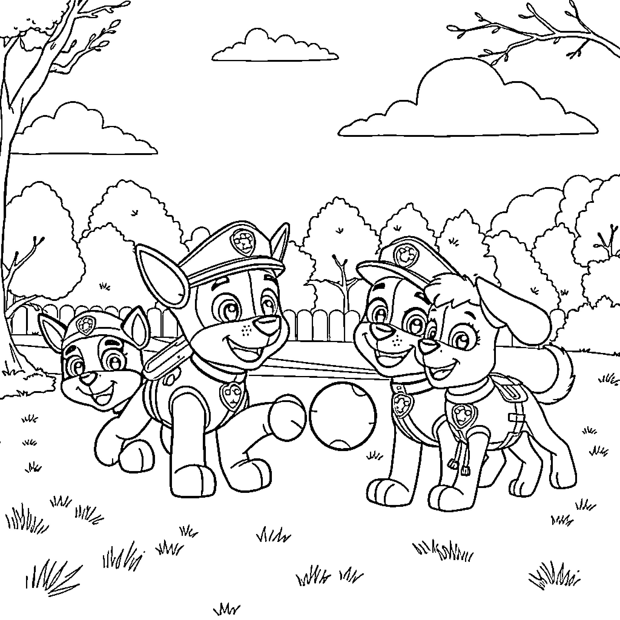 Paw Patrol Pups on Patrol in Cartoon Landscape Coloring Page (free black-and-white line drawing printable PDF for all, from beginners to advanced learners, including children, teens, adults, and seniors)