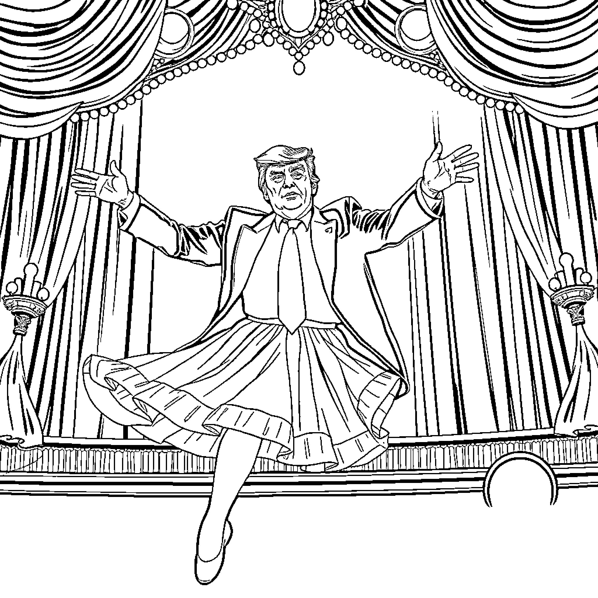 Trump performing theatrical dance on stage Coloring Page (free black-and-white line drawing printable PDF for all, from beginners to advanced learners, including children, teens, adults, and seniors)