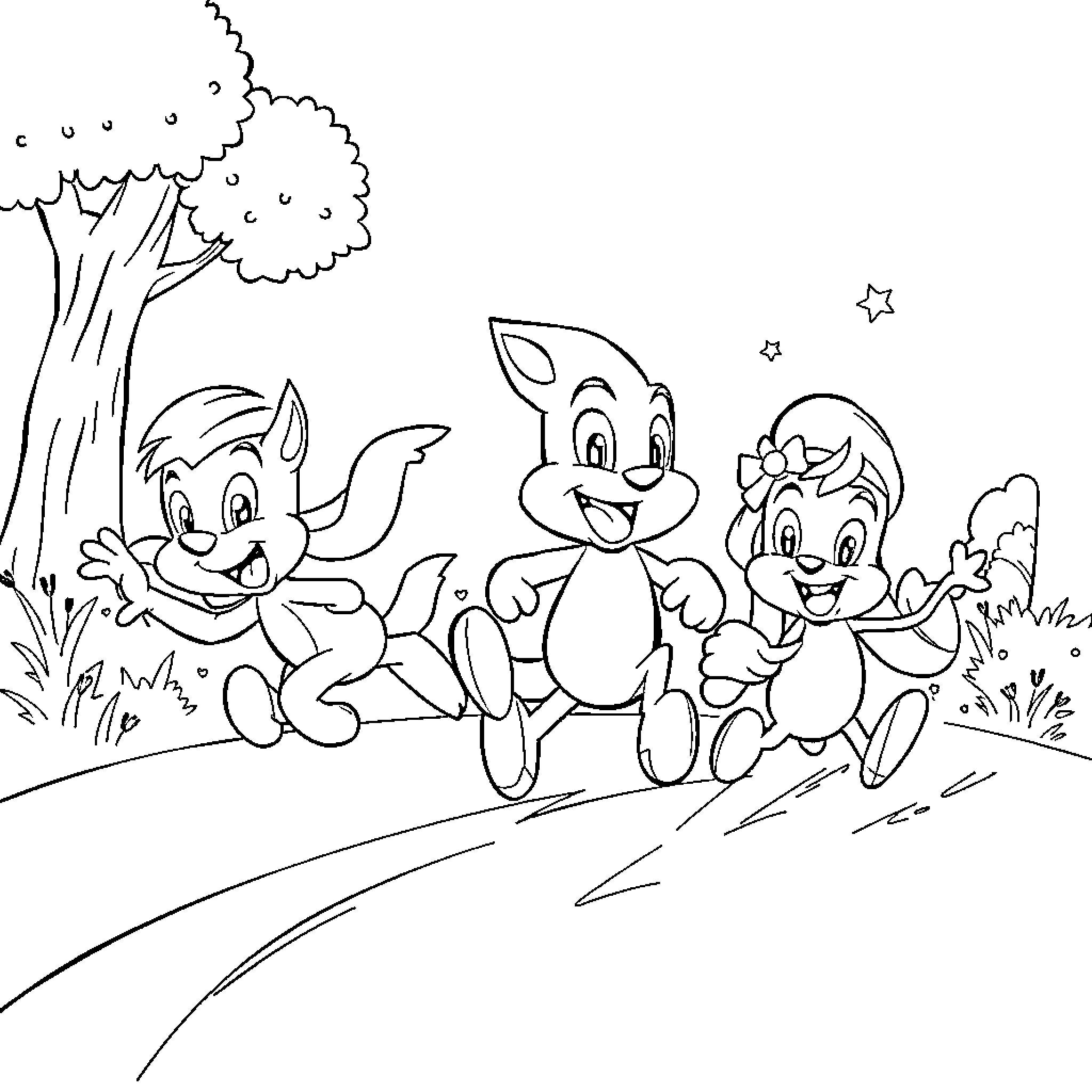 Speedy Cartoon Characters Running in the Park Coloring Page (free black-and-white line drawing printable PDF for all, from beginners to advanced learners, including children, teens, adults, and seniors)
