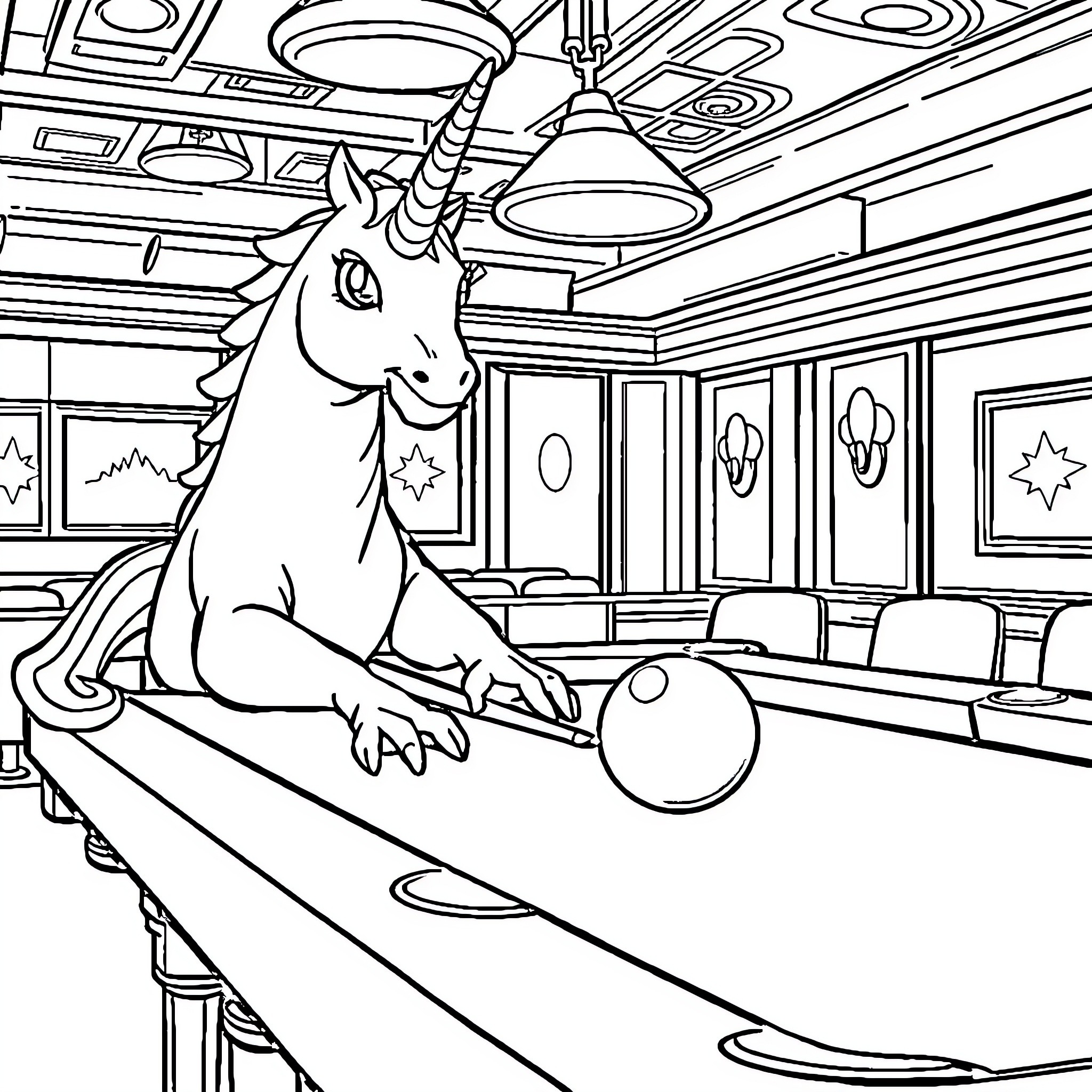 Unicorn playing billiards in an arcade Coloring Page (free black-and-white line drawing printable PDF for all, from beginners to advanced learners, including children, teens, adults, and seniors)