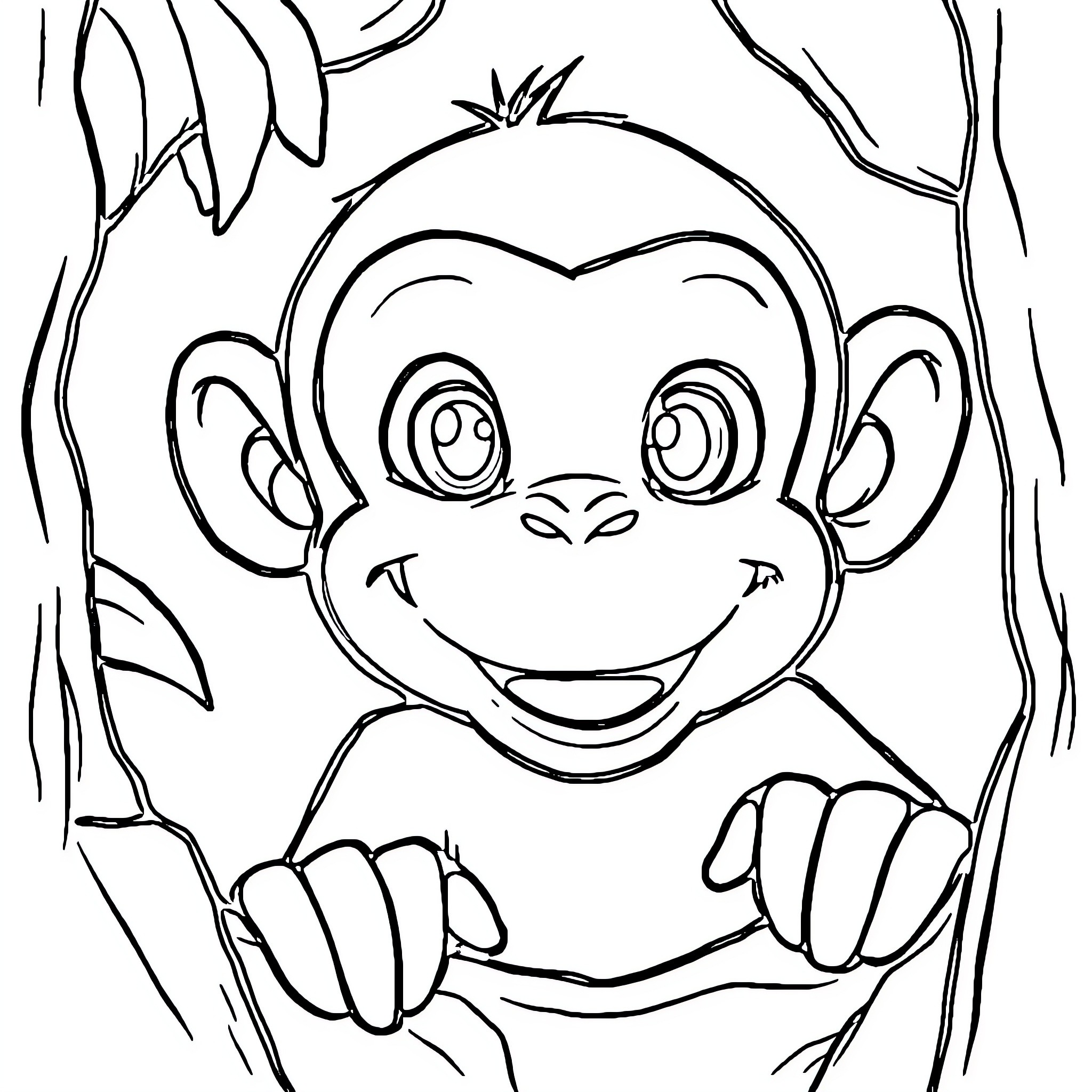 Curious George's Playful Adventure in the Jungle Coloring Page (free black-and-white line drawing printable PDF for all, from beginners to advanced learners, including children, teens, adults, and seniors)