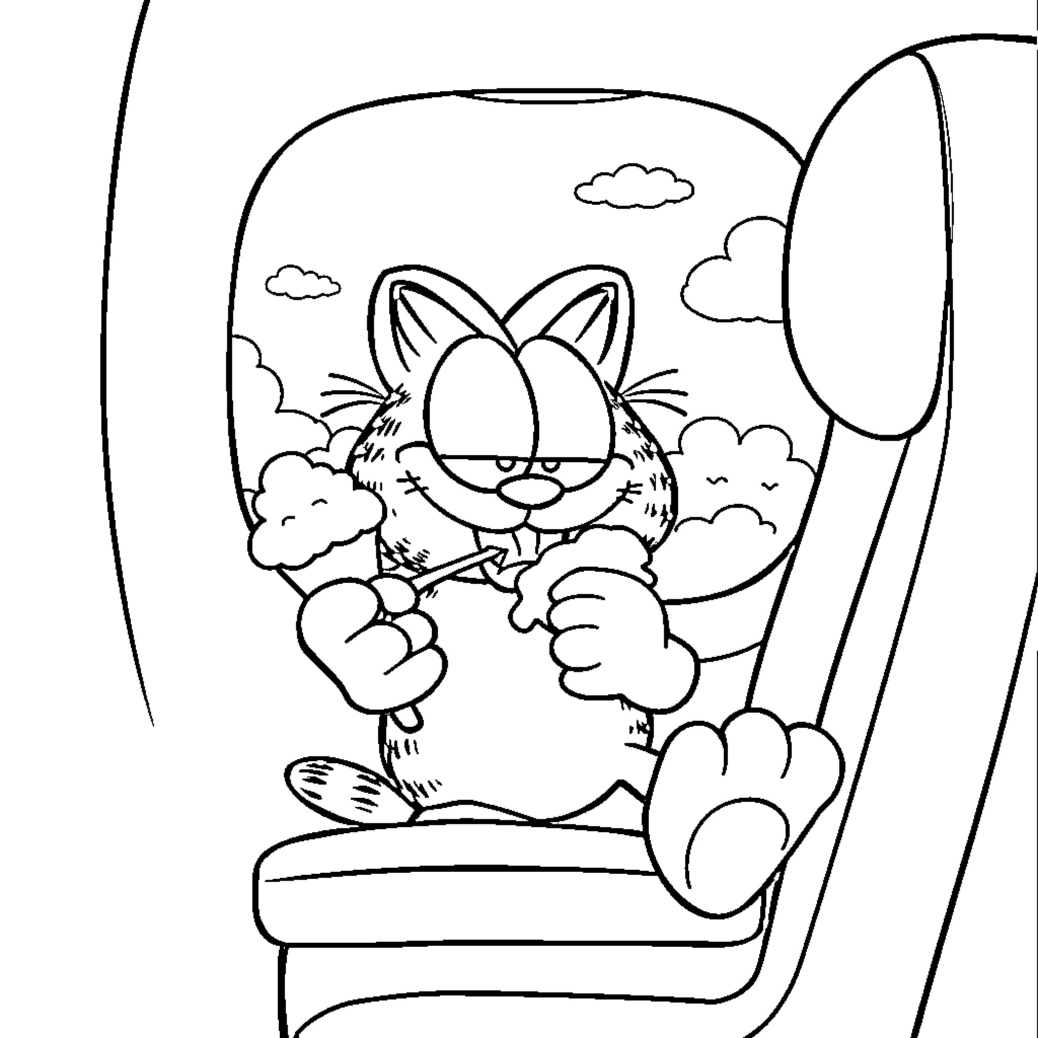Garfield relaxing in his cozy chair Coloring Page (free black-and-white line drawing printable PDF for all, from beginners to advanced learners, including children, teens, adults, and seniors)