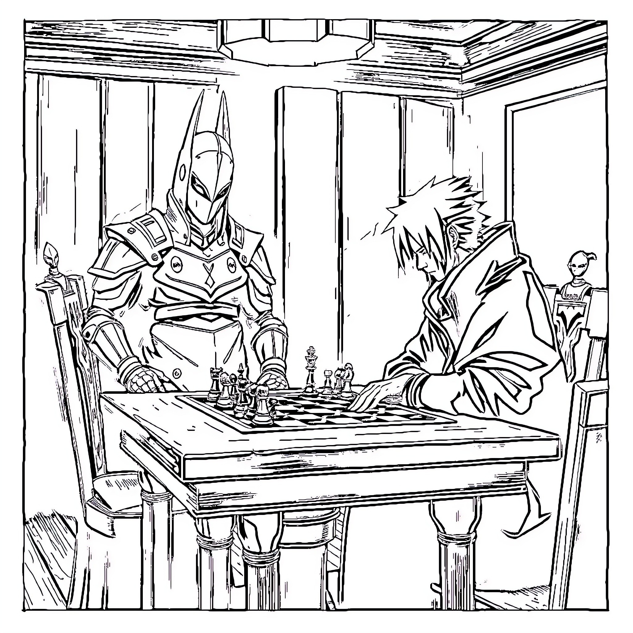 Madara Uchiha engages in a strategic chess match Coloring Page (free black-and-white line drawing printable PDF for all, from beginners to advanced learners, including children, teens, adults, and seniors)