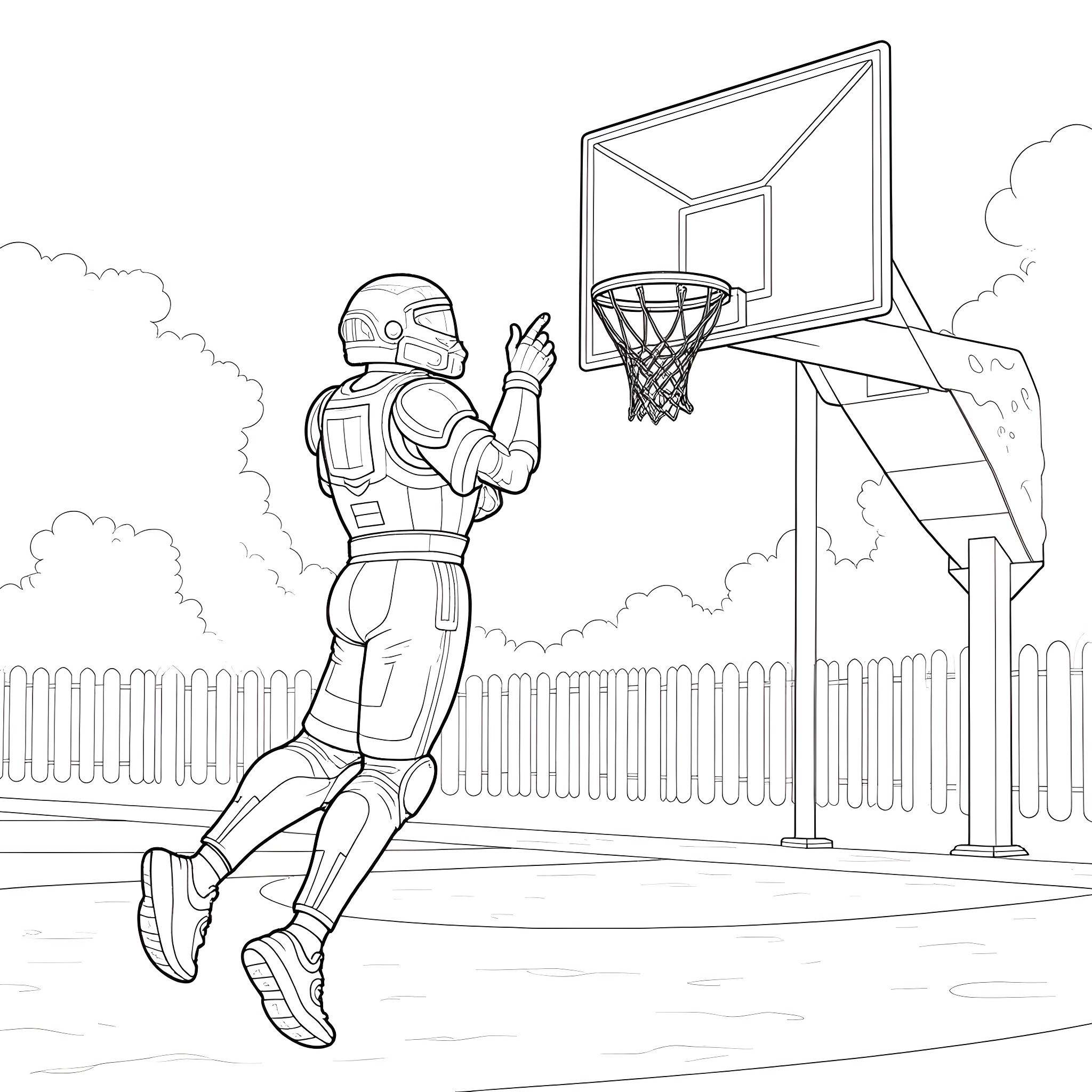 Master Chief Shooting Basketball into Hoop Coloring Page (free black-and-white line drawing printable PDF for all, from beginners to advanced learners, including children, teens, adults, and seniors)