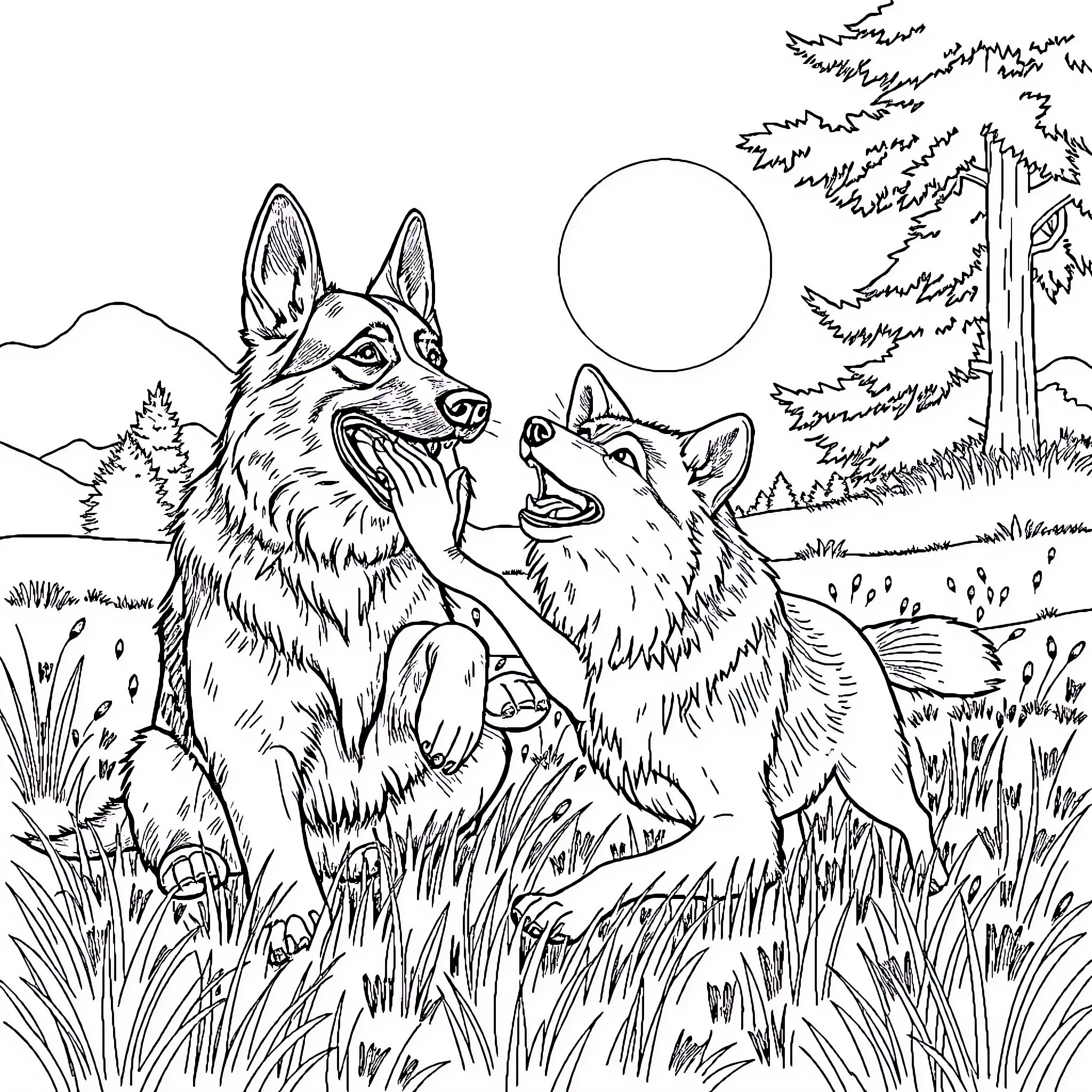 German Shepherd Dogs Playing in Nature Coloring Page (free black-and-white line drawing printable PDF for all, from beginners to advanced learners, including children, teens, adults, and seniors)