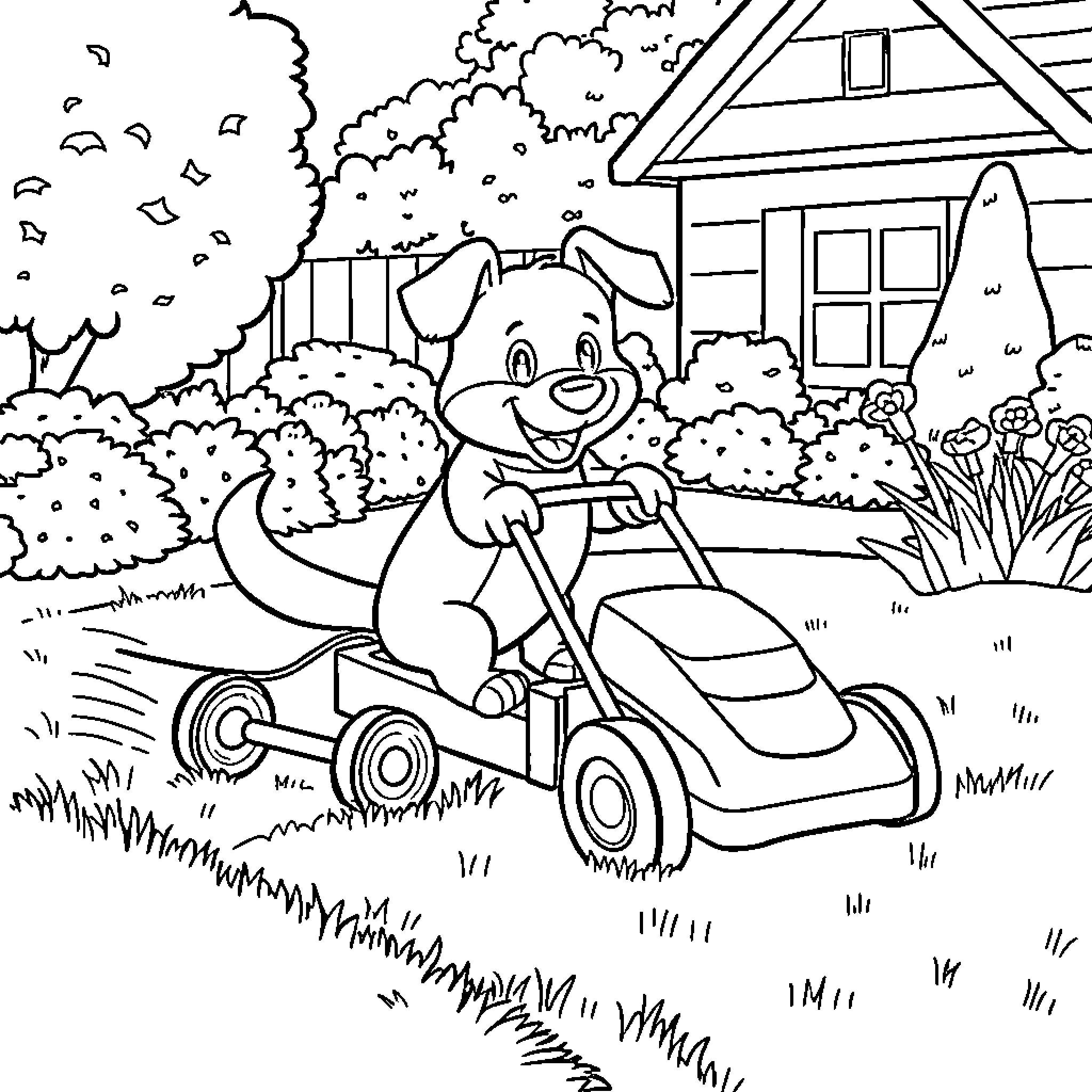 Bluey mowing the lawn with a toy lawn mower Coloring Page (free black-and-white line drawing printable PDF for all, from beginners to advanced learners, including children, teens, adults, and seniors)