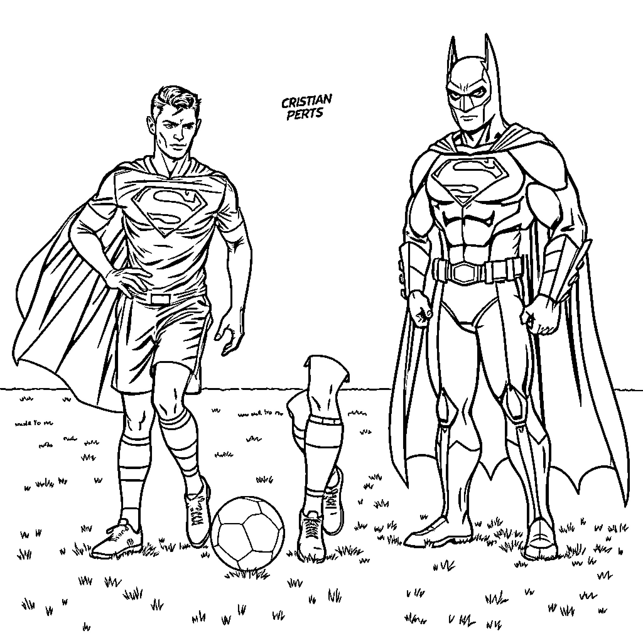 Cristiano Ronaldo and Batman engage in athletic activities Coloring Page (free black-and-white line drawing printable PDF for all, from beginners to advanced learners, including children, teens, adults, and seniors)