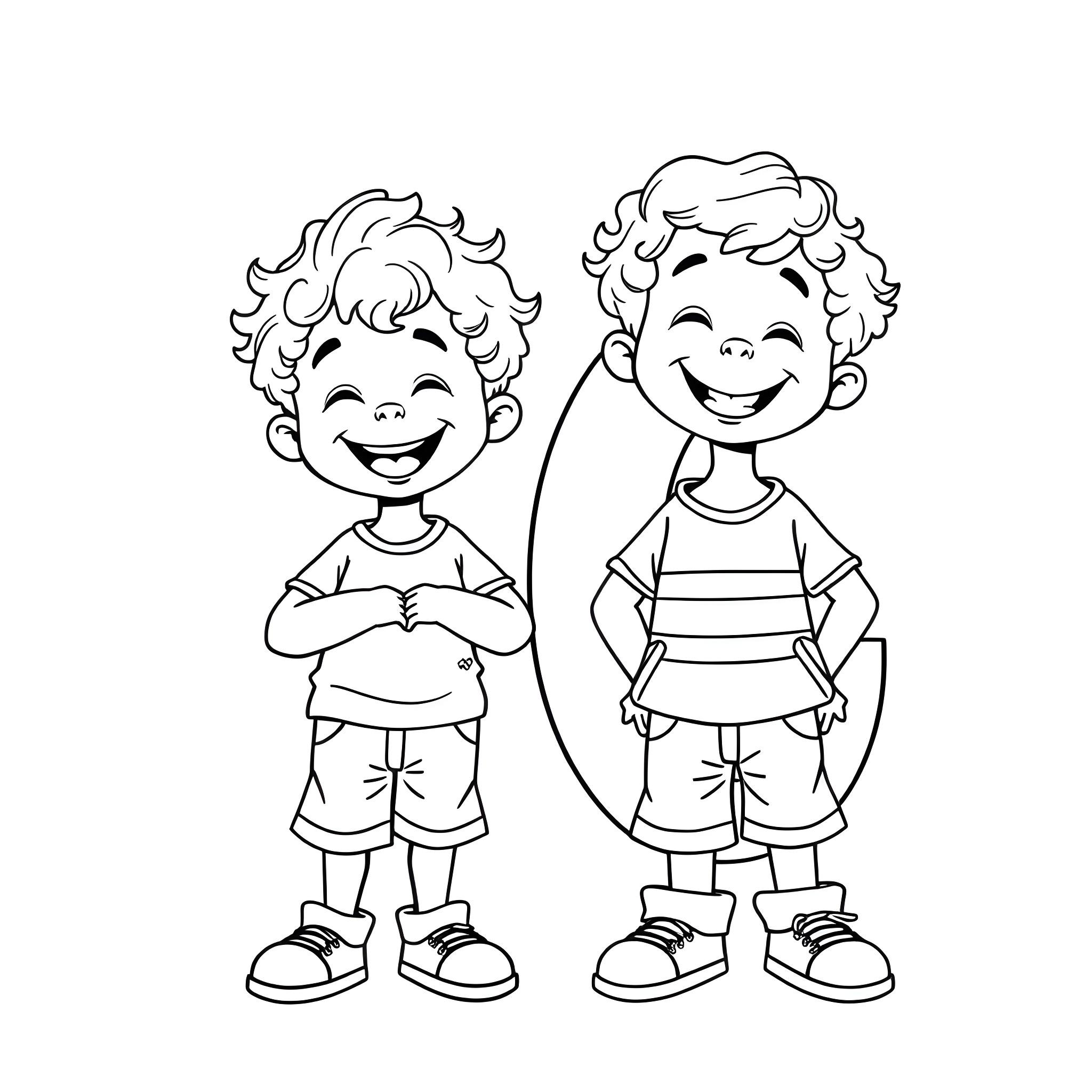 Boy friends happily smiling in casual outfits Coloring Page (free black-and-white line drawing printable PDF for all, from beginners to advanced learners, including children, teens, adults, and seniors)