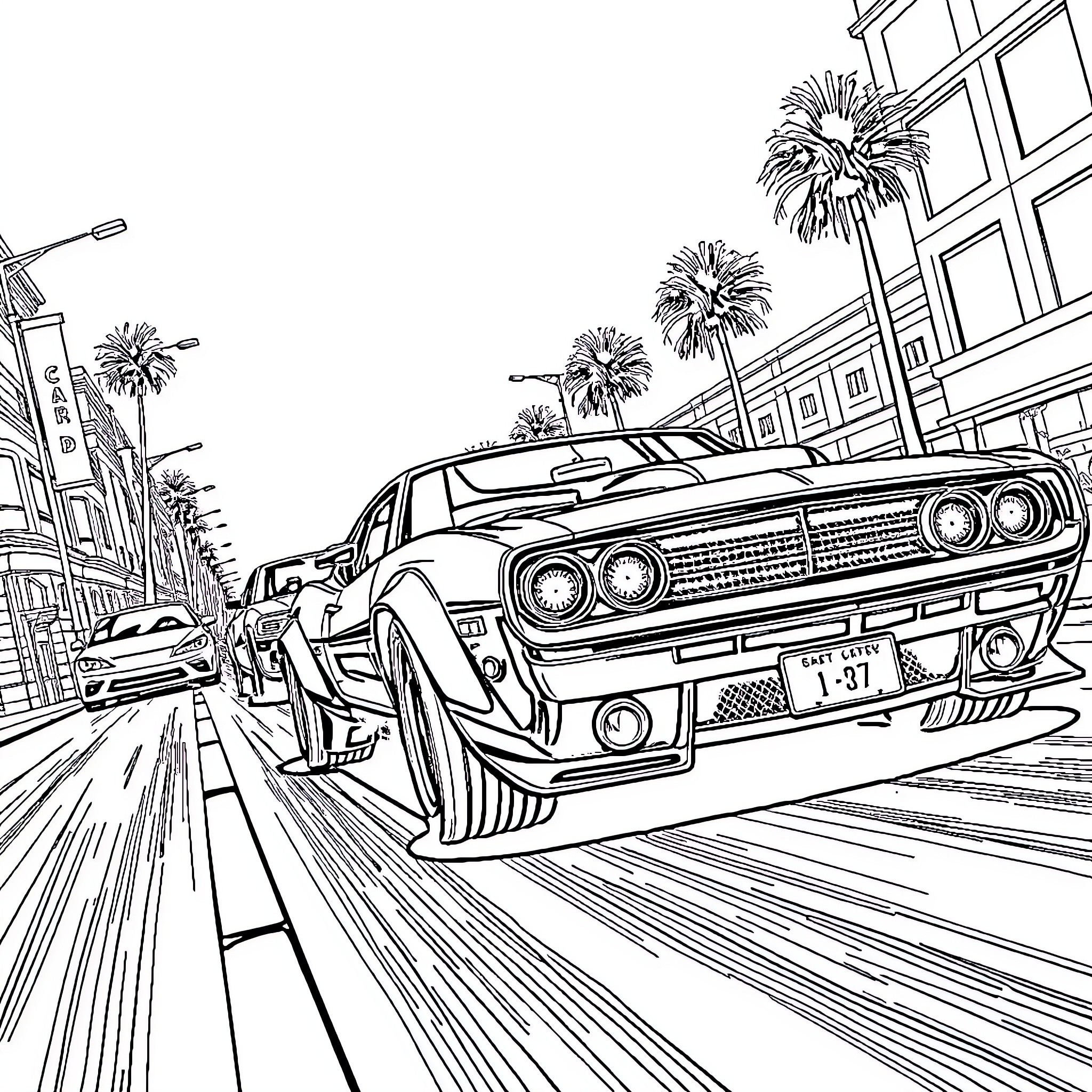 Car racing on city streets with palm trees Coloring Page (free black-and-white line drawing printable PDF for all, from beginners to advanced learners, including children, teens, adults, and seniors)