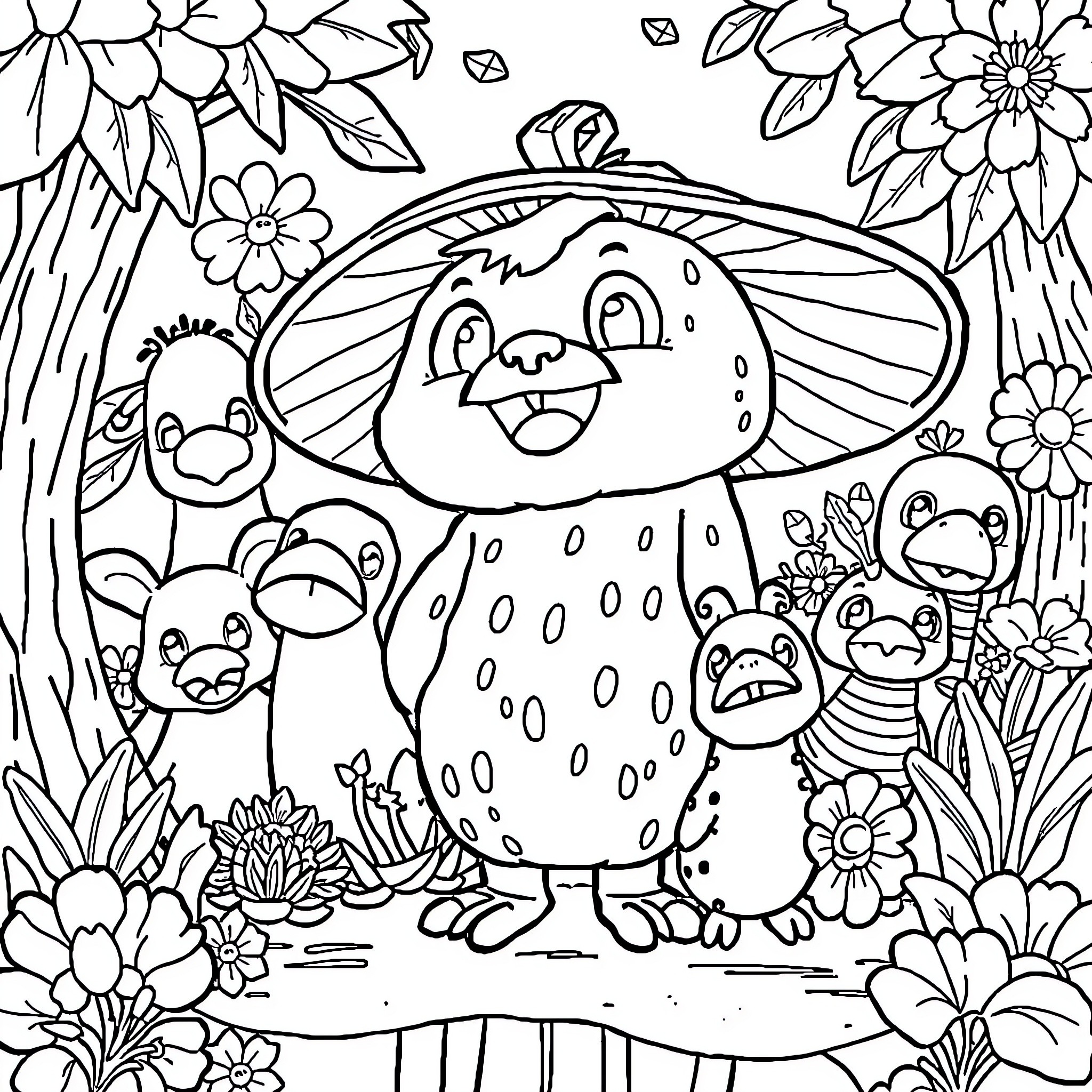 Labubu and friends in a whimsical floral garden Coloring Page (free black-and-white line drawing printable PDF for all, from beginners to advanced learners, including children, teens, adults, and seniors)