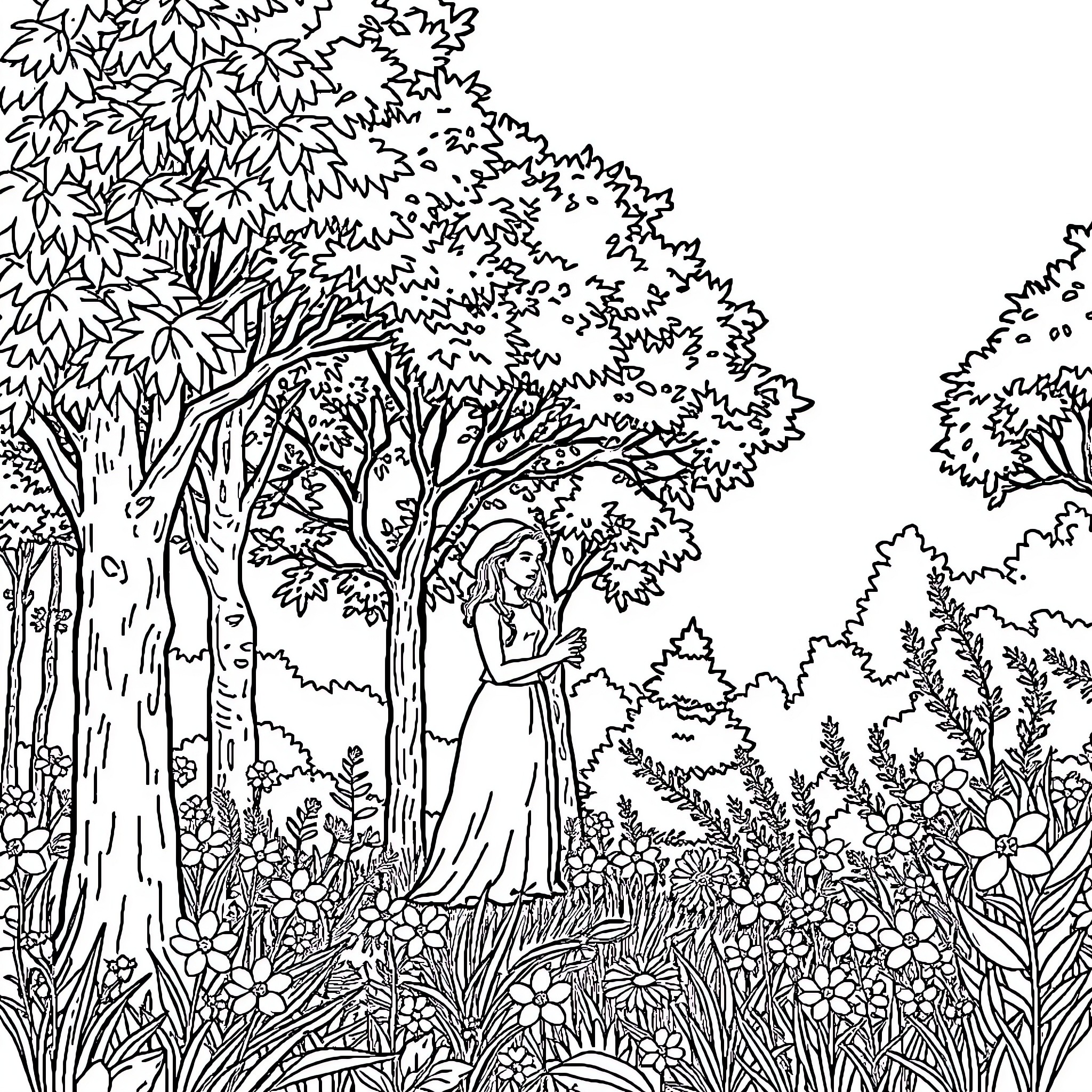 Fairy dancing in a magical forest Coloring Page (free black-and-white line drawing printable PDF for all, from beginners to advanced learners, including children, teens, adults, and seniors)
