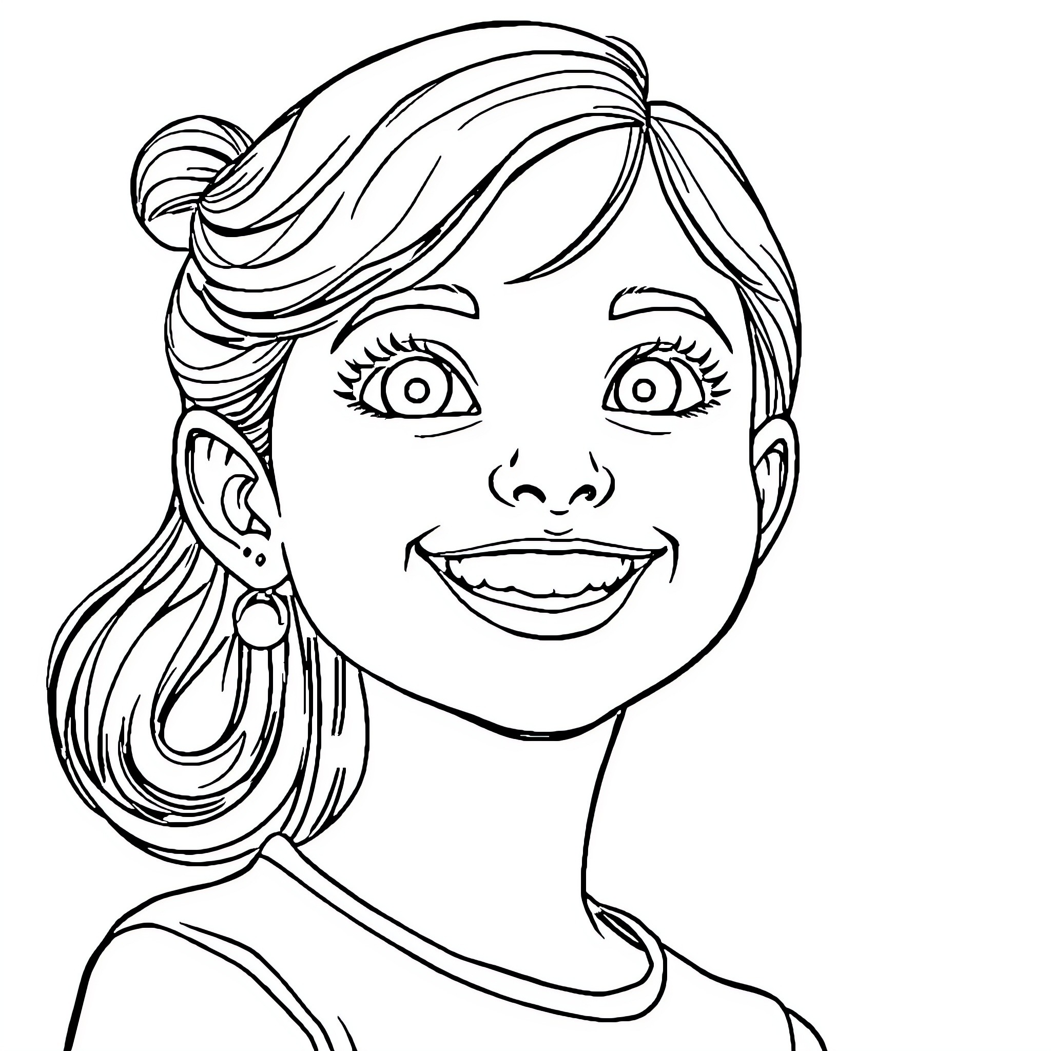Noele's cheerful expression and hairstyle Coloring Page (free black-and-white line drawing printable PDF for all, from beginners to advanced learners, including children, teens, adults, and seniors)