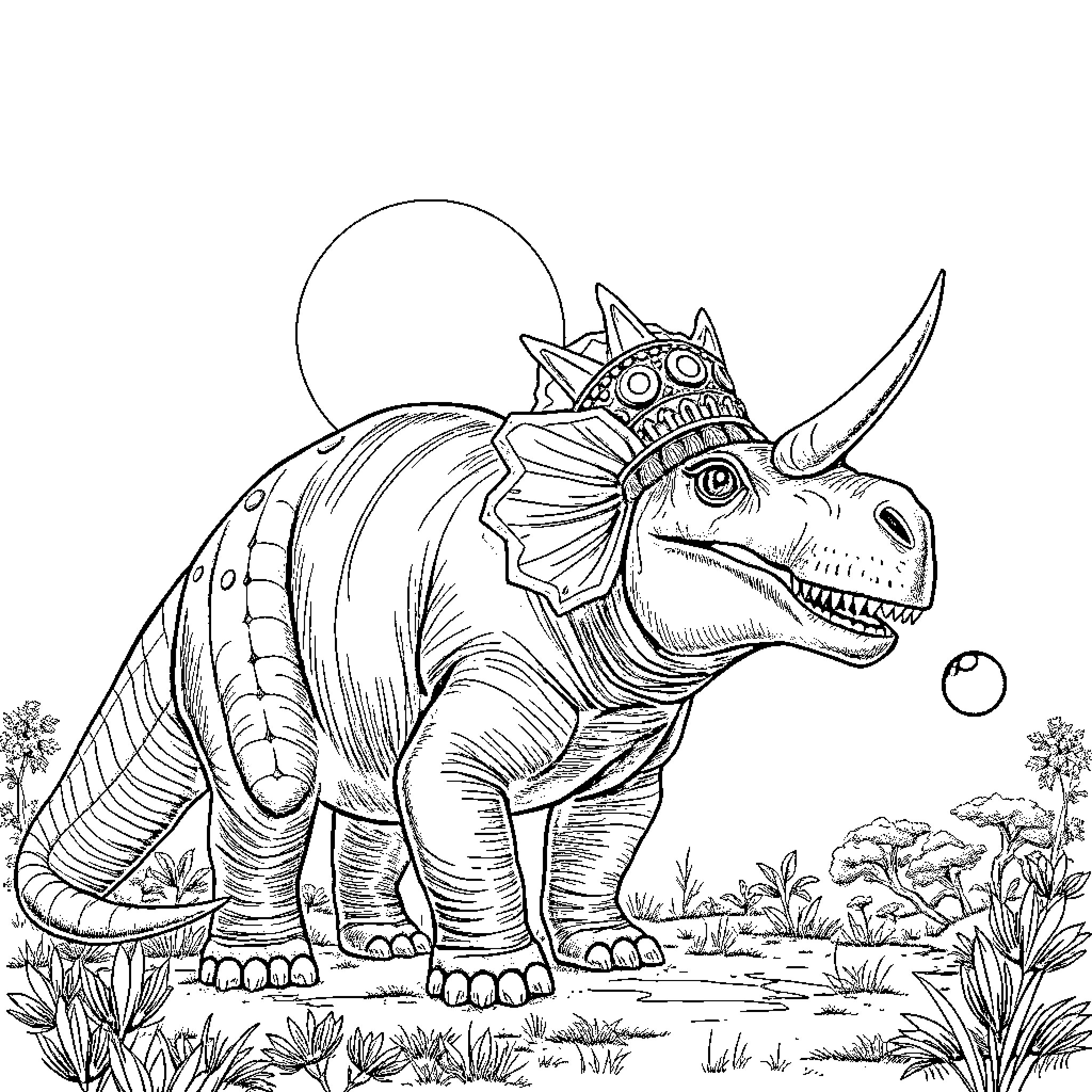Tyrannosaurus wearing a fantastical crown in a detailed landscape Coloring Page (free black-and-white line drawing printable PDF for all, from beginners to advanced learners, including children, teens, adults, and seniors)
