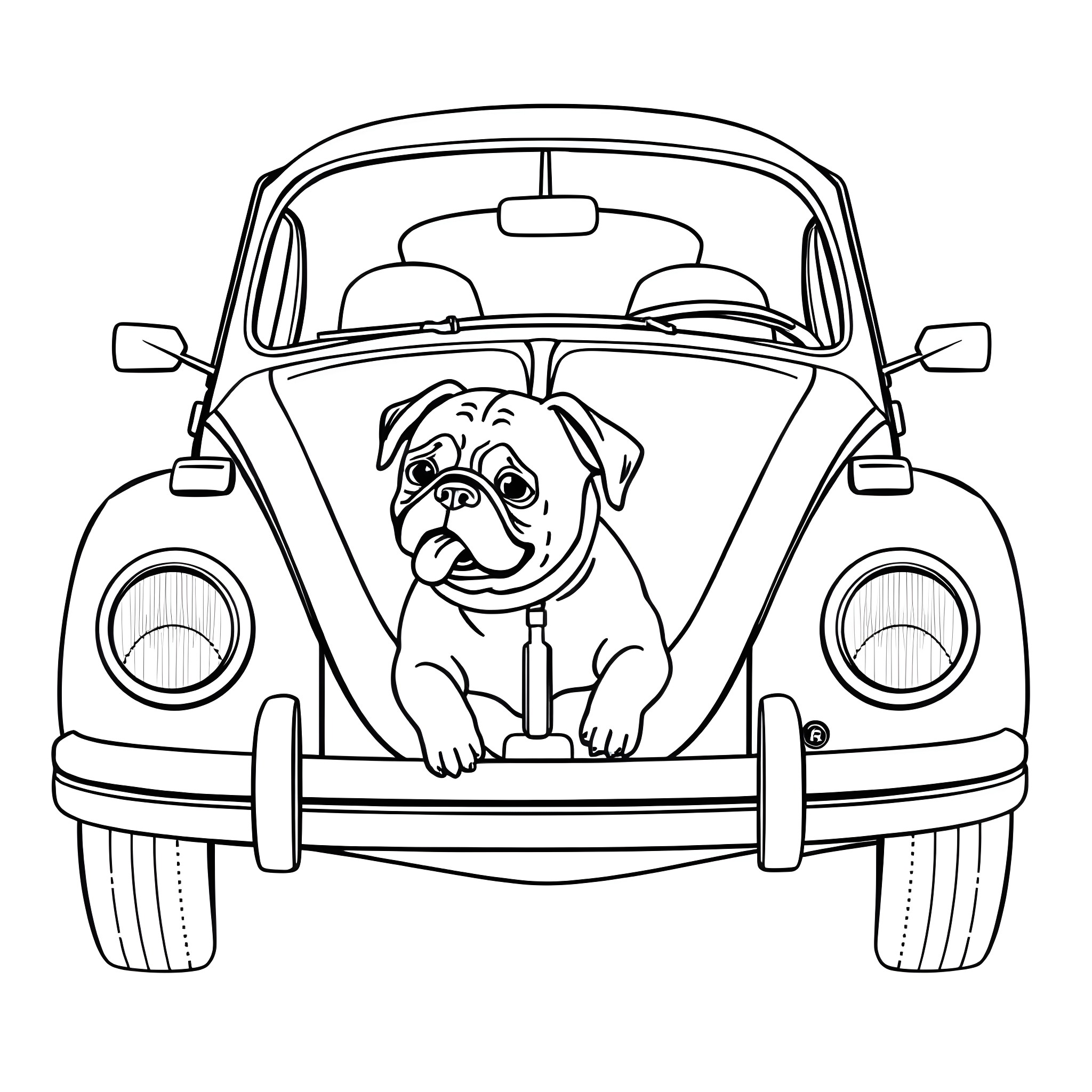 Volkswagen Beetle with a Pug Dog Inside Coloring Page (free black-and-white line drawing printable PDF for all, from beginners to advanced learners, including children, teens, adults, and seniors)