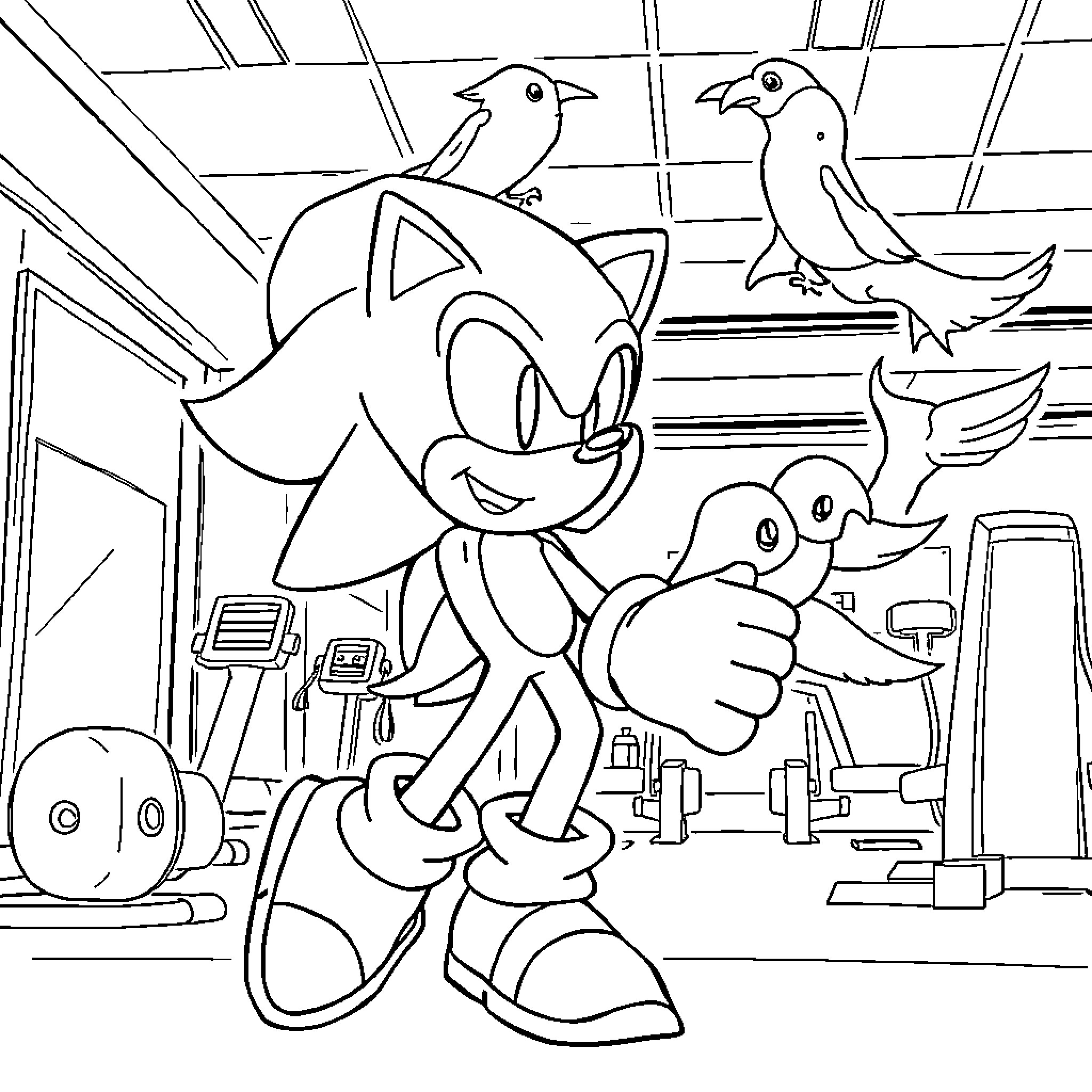 Sonic in an action-packed workshop setting Coloring Page (free black-and-white line drawing printable PDF for all, from beginners to advanced learners, including children, teens, adults, and seniors)