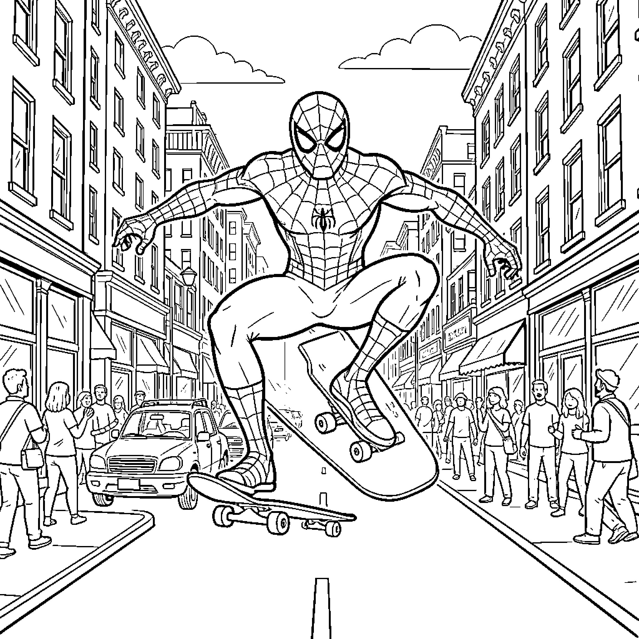Spiderman performing a trick on a skateboard in city Coloring Page (free black-and-white line drawing printable PDF for all, from beginners to advanced learners, including children, teens, adults, and seniors)