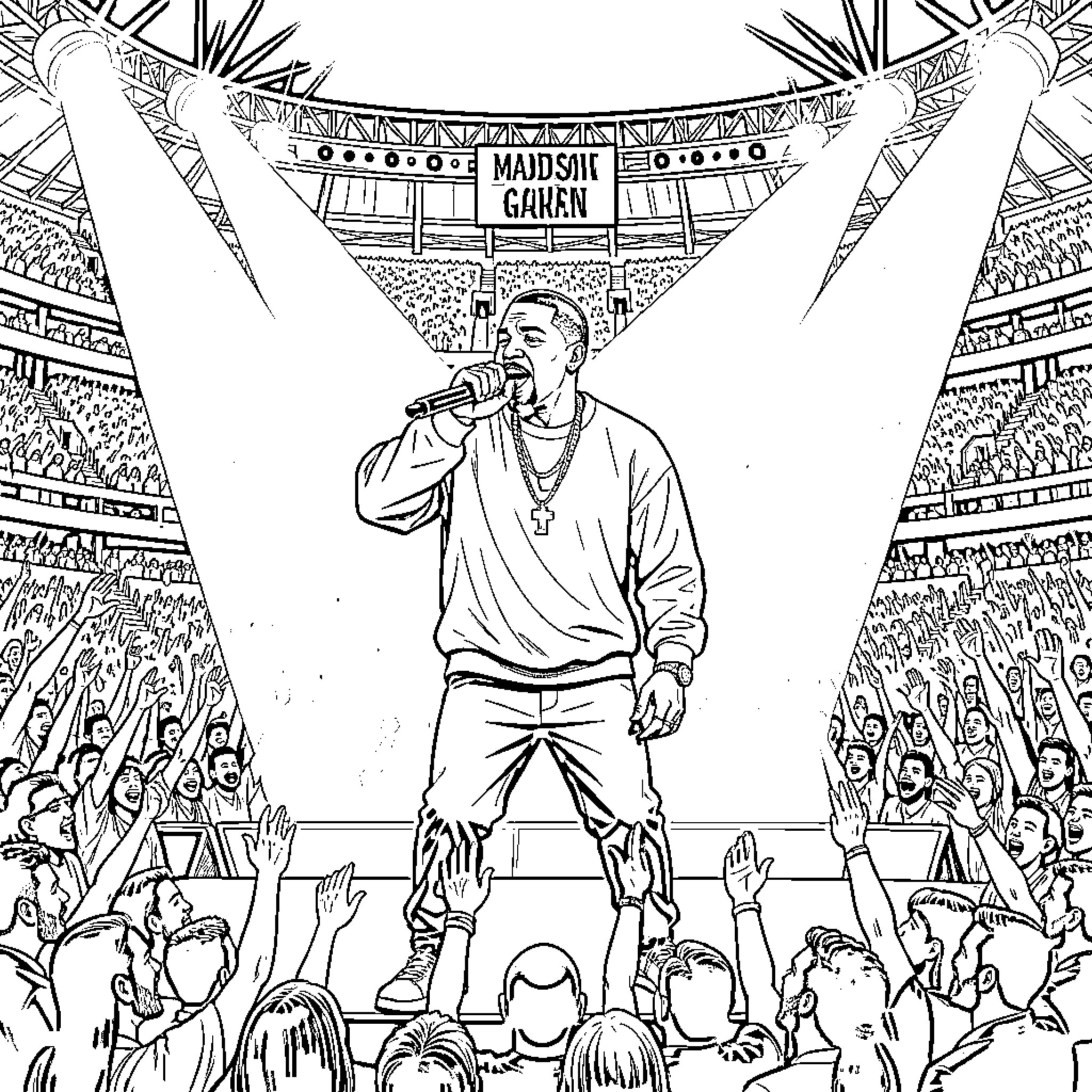 Jay Z performing on stage before a large crowd Coloring Page (free black-and-white line drawing printable PDF for all, from beginners to advanced learners, including children, teens, adults, and seniors)