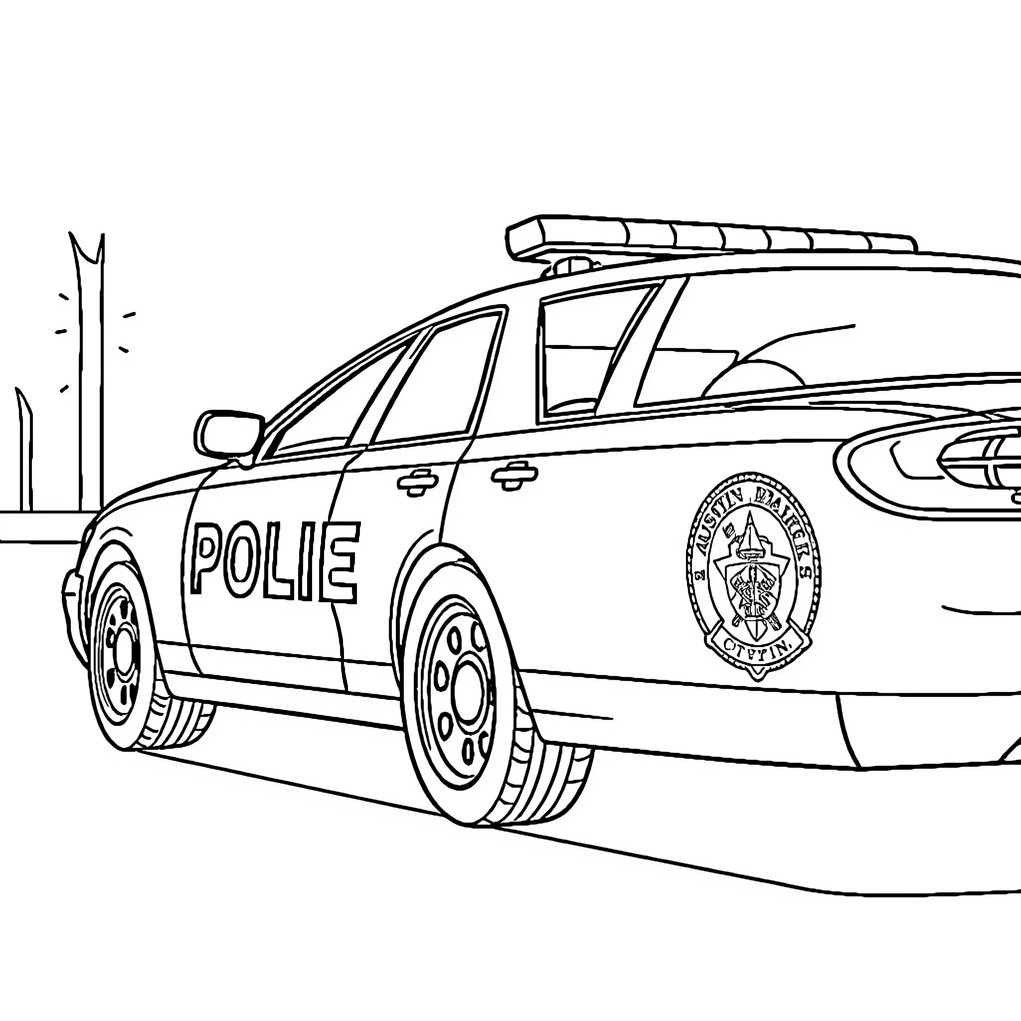 Police Car on Patrol with Emergency Lights Coloring Page (free black-and-white line drawing printable PDF for all, from beginners to advanced learners, including children, teens, adults, and seniors)