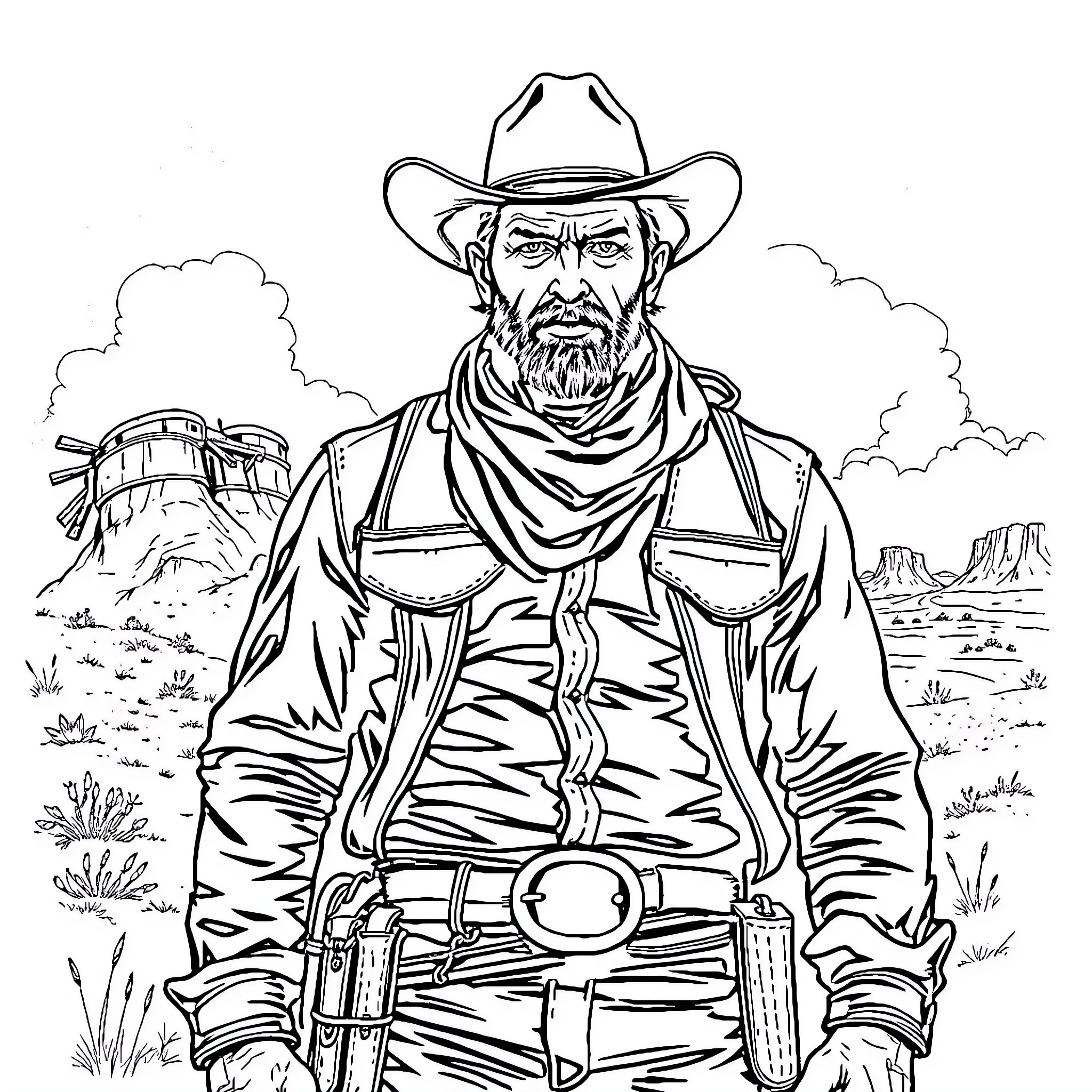Arthur the Rugged Cowboy in the Desert Landscape Coloring Page (free black-and-white line drawing printable PDF for all, from beginners to advanced learners, including children, teens, adults, and seniors)