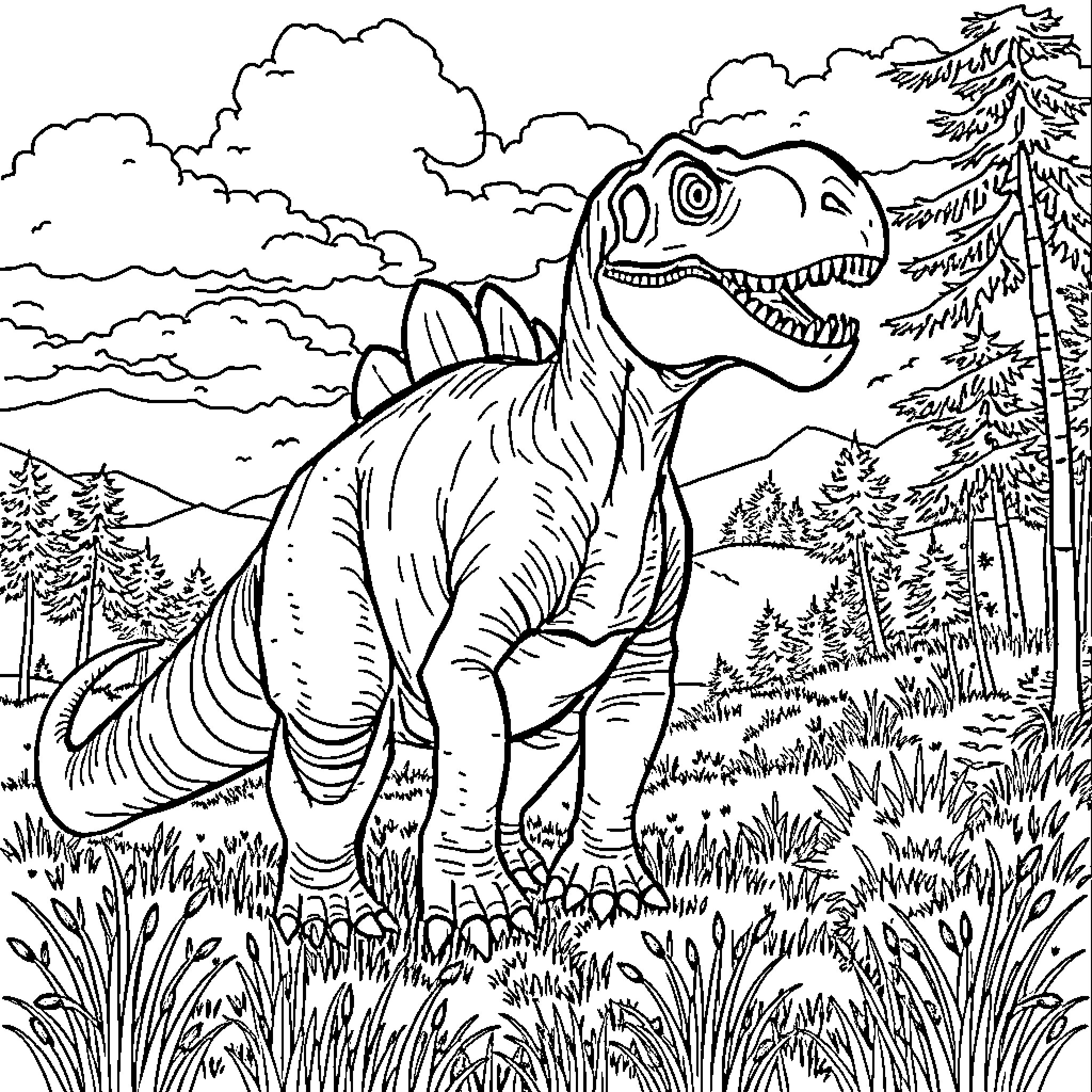 Dinosaur exploring the scenic forest landscape Coloring Page (free black-and-white line drawing printable PDF for all, from beginners to advanced learners, including children, teens, adults, and seniors)