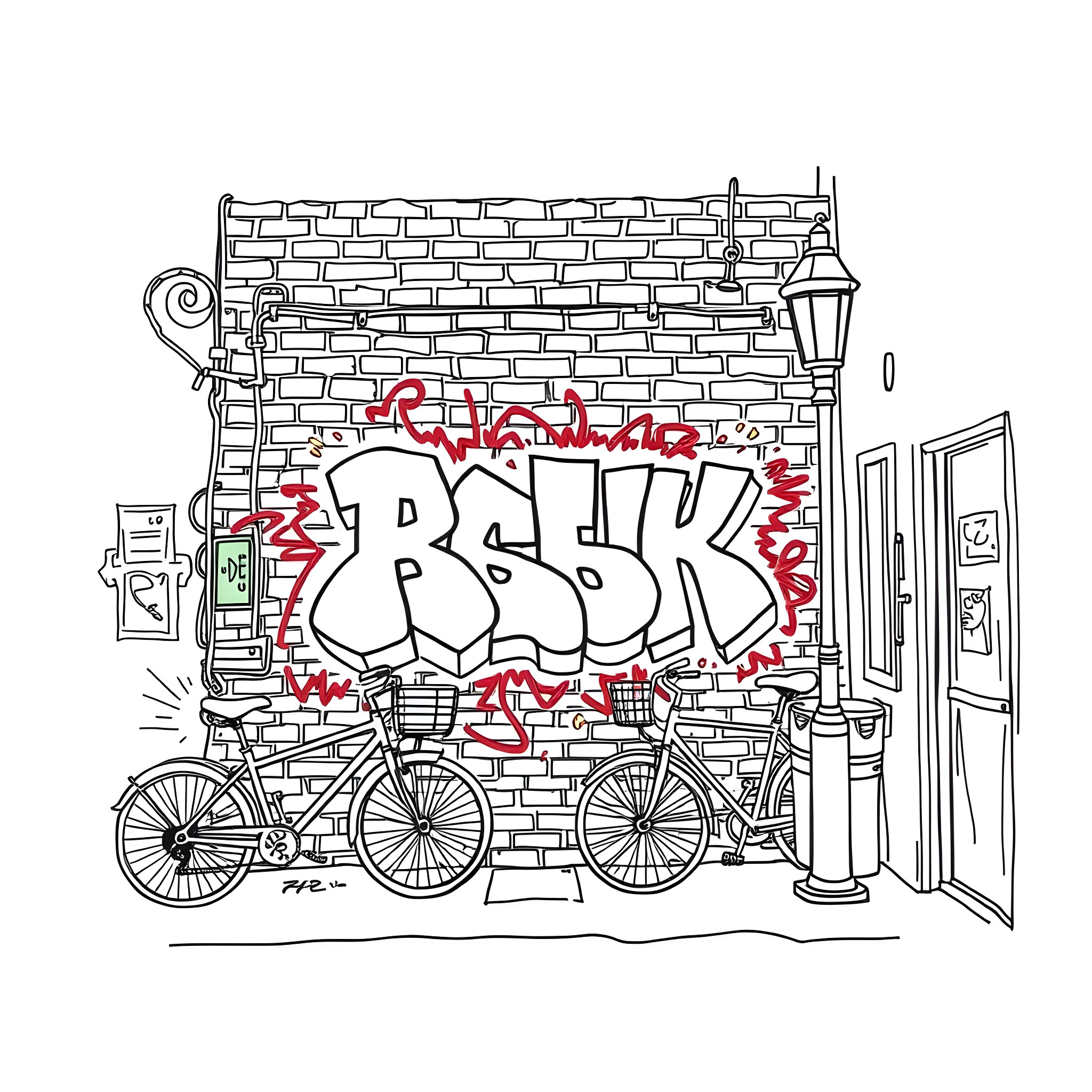 Graffiti-inspired scene with bicycles and wall art Coloring Page (free black-and-white line drawing printable PDF for all, from beginners to advanced learners, including children, teens, adults, and seniors)