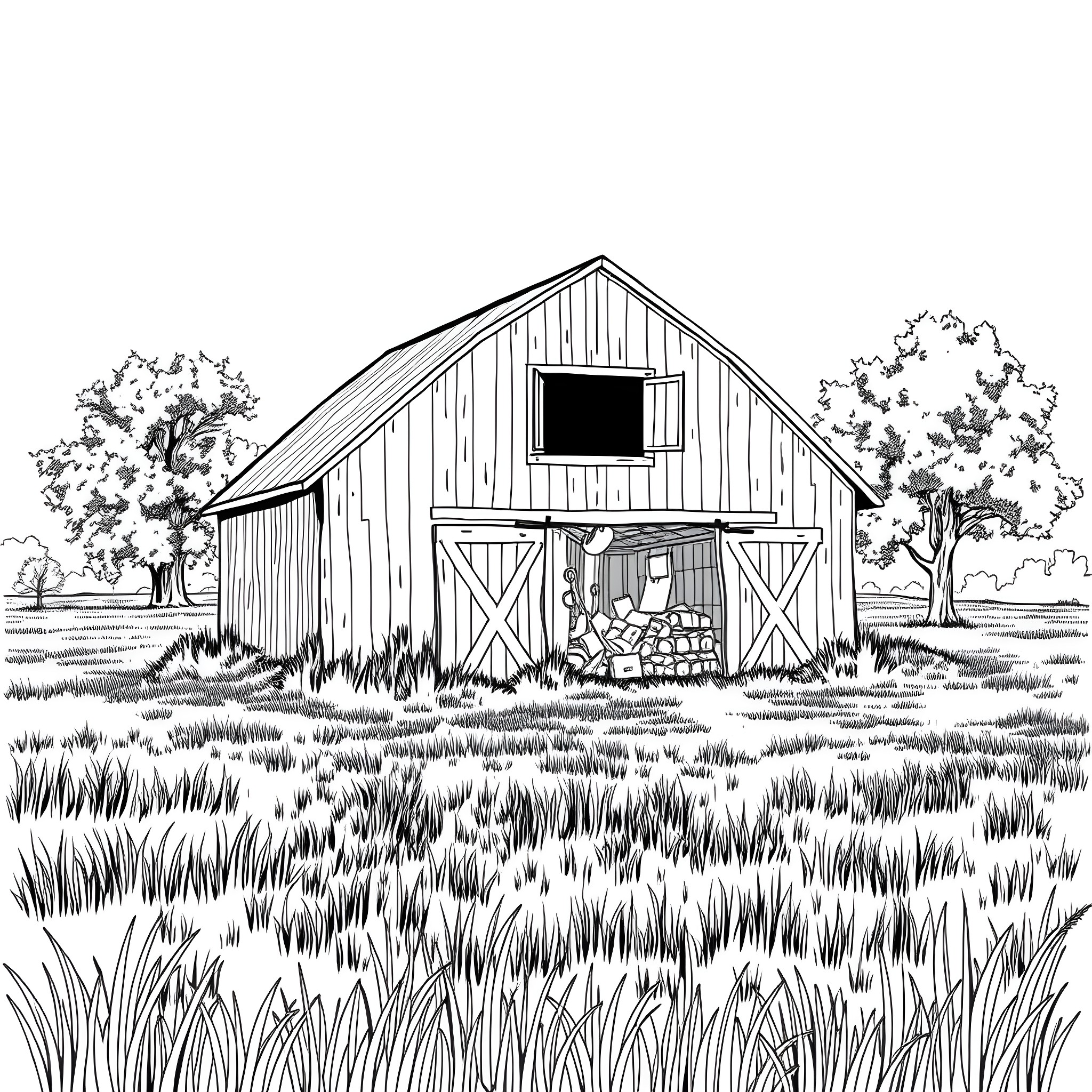 Barn Find: Abandoned Barn in Rustic Countryside Coloring Page (free black-and-white line drawing printable PDF for all, from beginners to advanced learners, including children, teens, adults, and seniors)