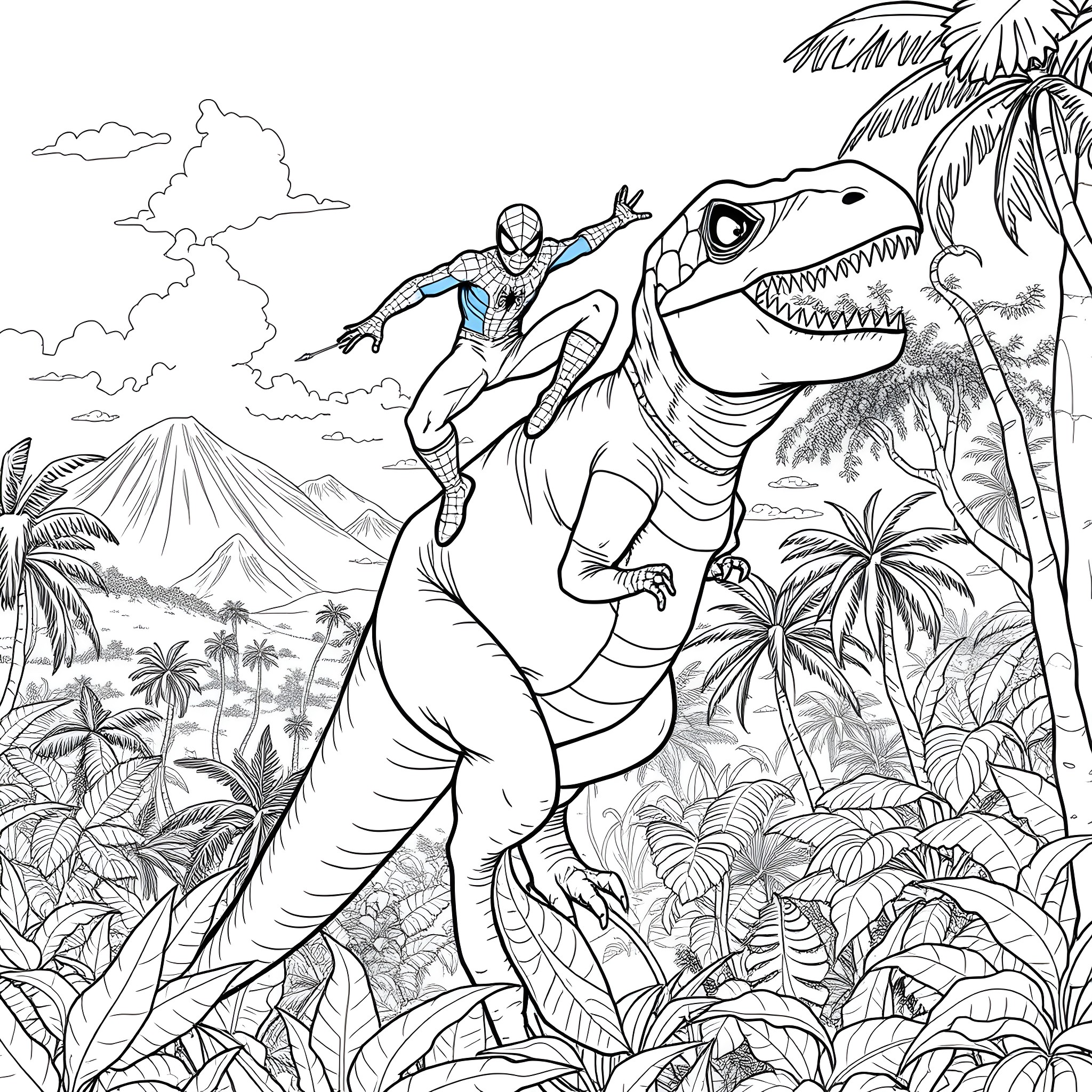 Spidy's Tropical Adventure with Prehistoric Pals Coloring Page (free black-and-white line drawing printable PDF for all, from beginners to advanced learners, including children, teens, adults, and seniors)