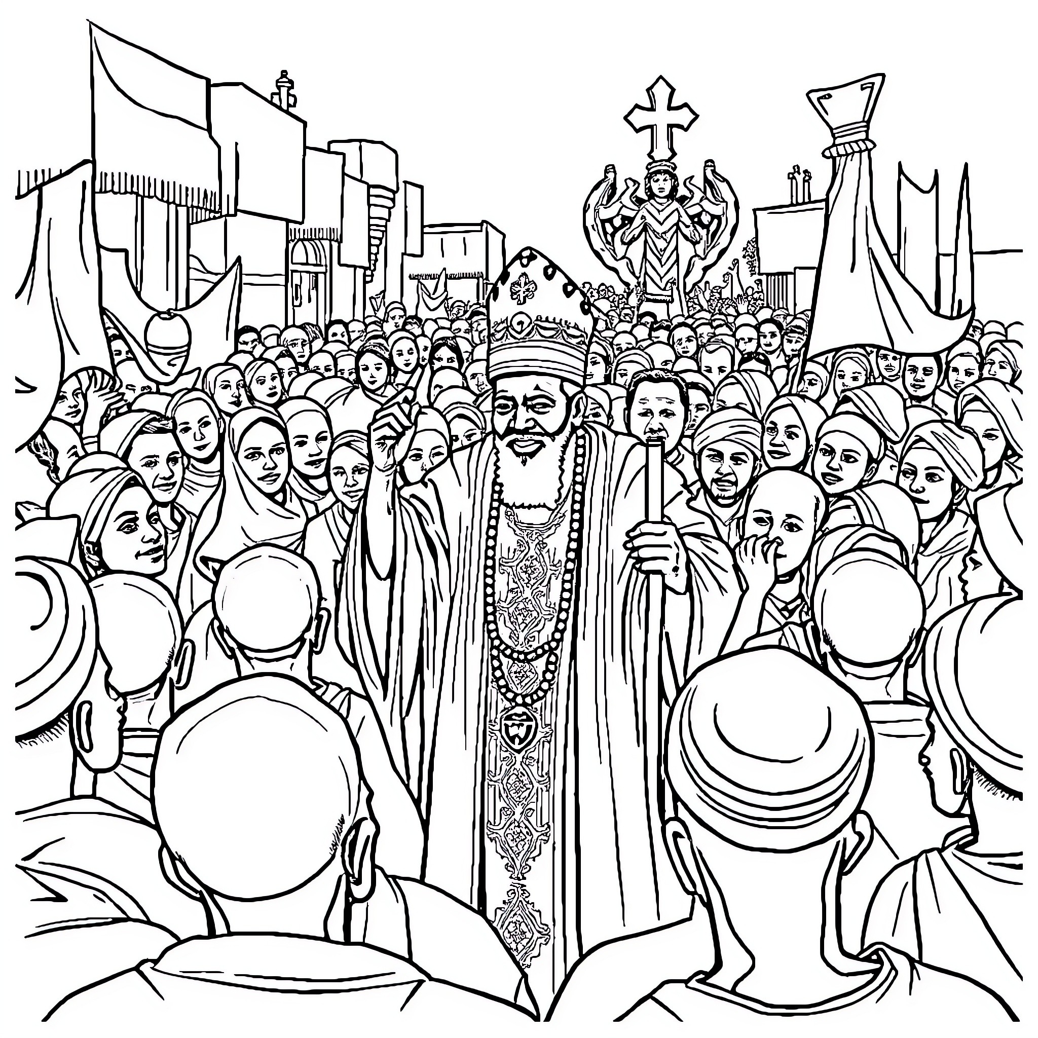 Serigne Touba leading a large religious gathering Coloring Page (free black-and-white line drawing printable PDF for all, from beginners to advanced learners, including children, teens, adults, and seniors)