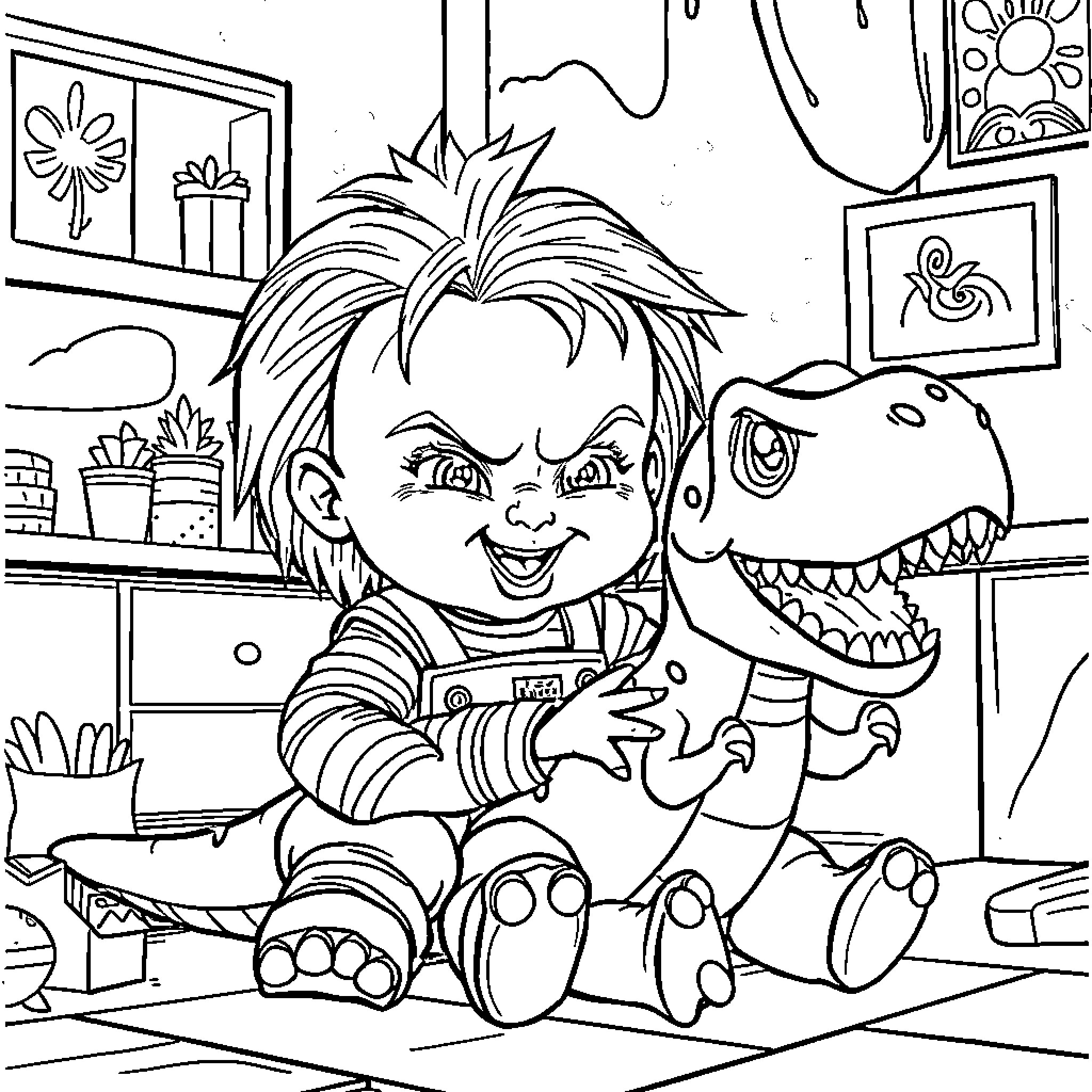 Chucky and his Toy Dinosaur in Cozy Room Coloring Page (free black-and-white line drawing printable PDF for all, from beginners to advanced learners, including children, teens, adults, and seniors)
