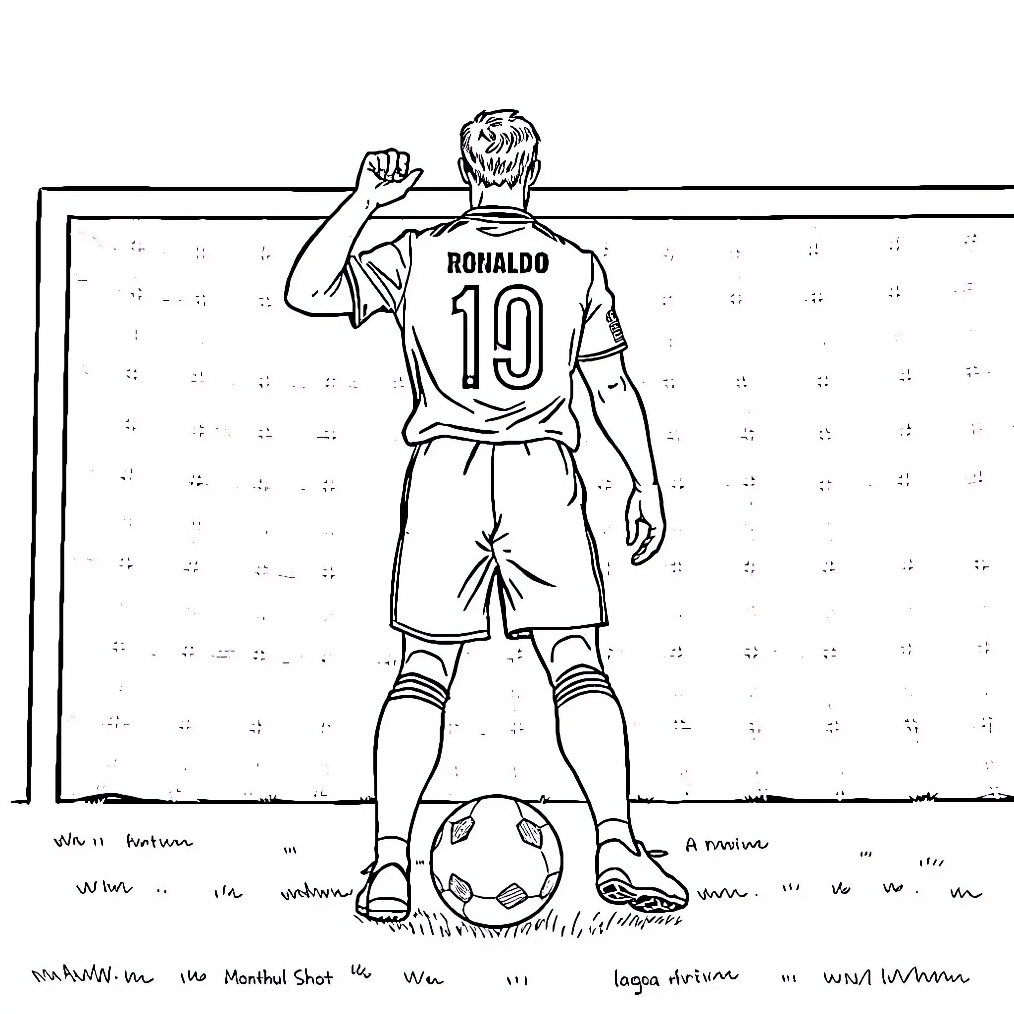 Ronaldo preparing to take a shot on goal Coloring Page (free black-and-white line drawing printable PDF for all, from beginners to advanced learners, including children, teens, adults, and seniors)