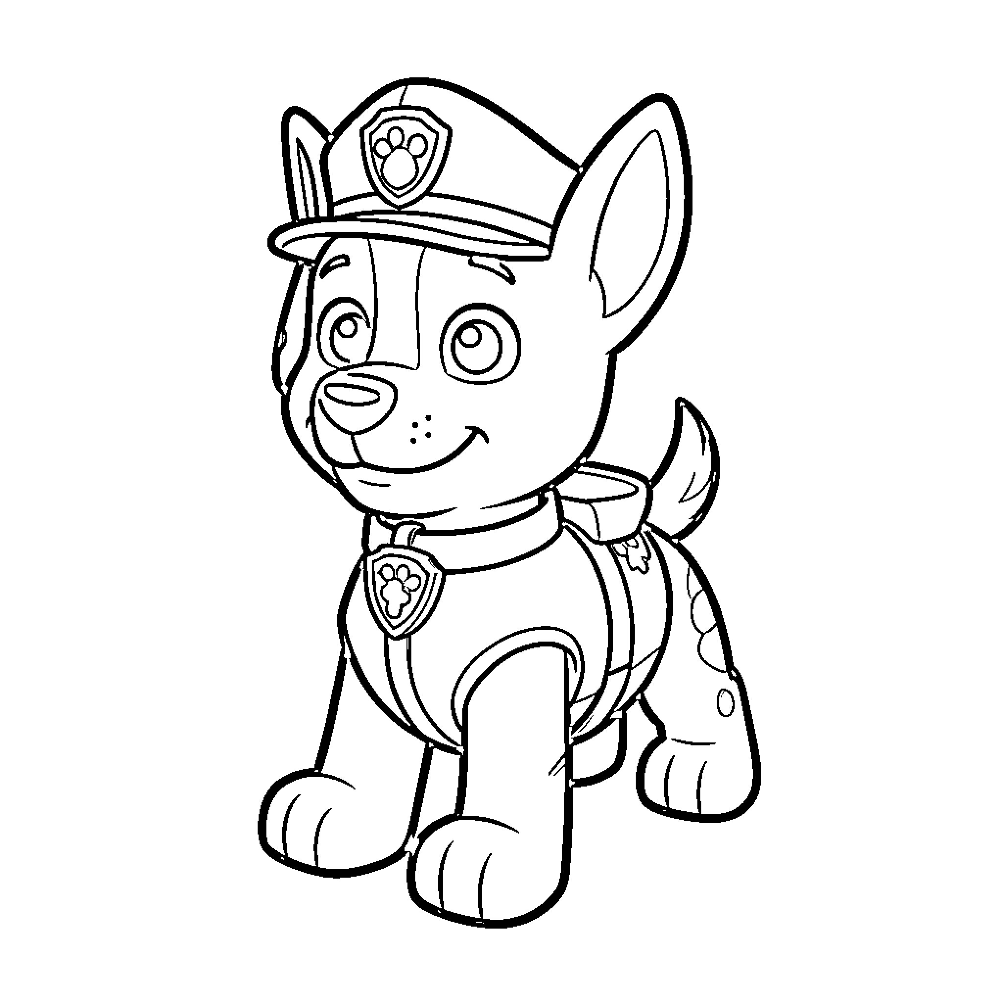 Paw Patrol pup wearing uniform and smiling happily Coloring Page (free black-and-white line drawing printable PDF for all, from beginners to advanced learners, including children, teens, adults, and seniors)