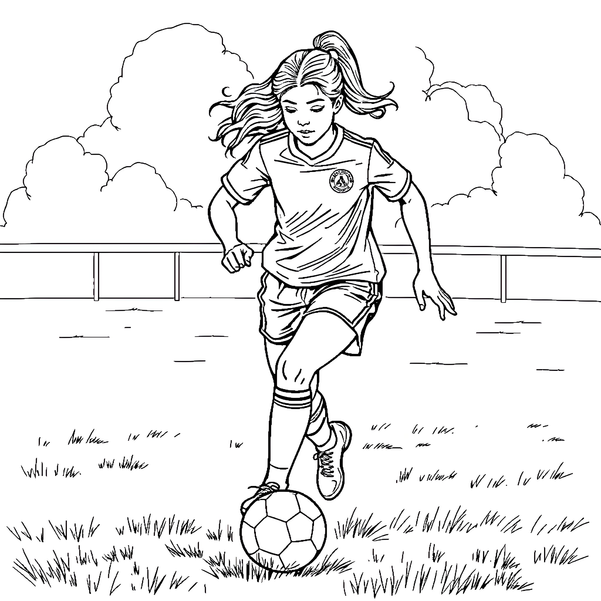 Sophia Smith playing soccer happily in the field Coloring Page (free black-and-white line drawing printable PDF for all, from beginners to advanced learners, including children, teens, adults, and seniors)