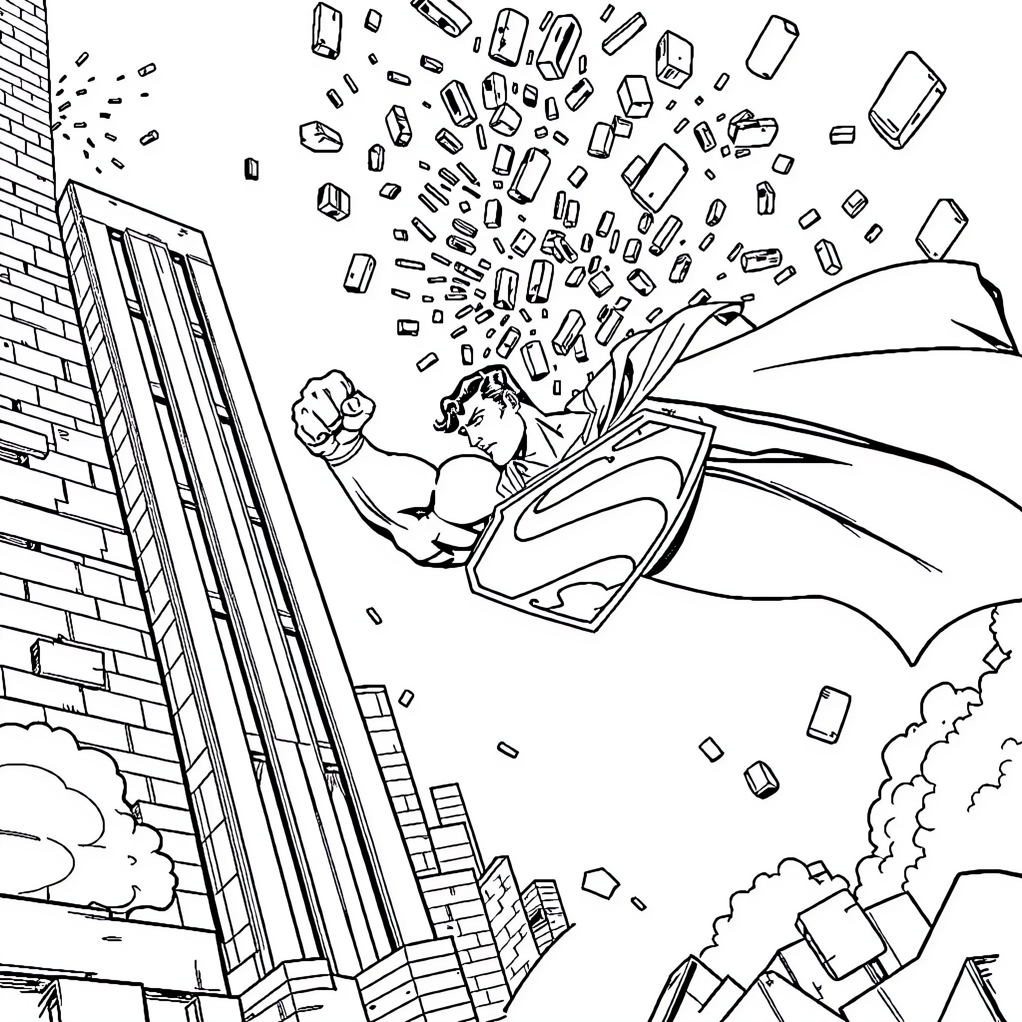 Superman bursting through the city skyline Coloring Page (free black-and-white line drawing printable PDF for all, from beginners to advanced learners, including children, teens, adults, and seniors)