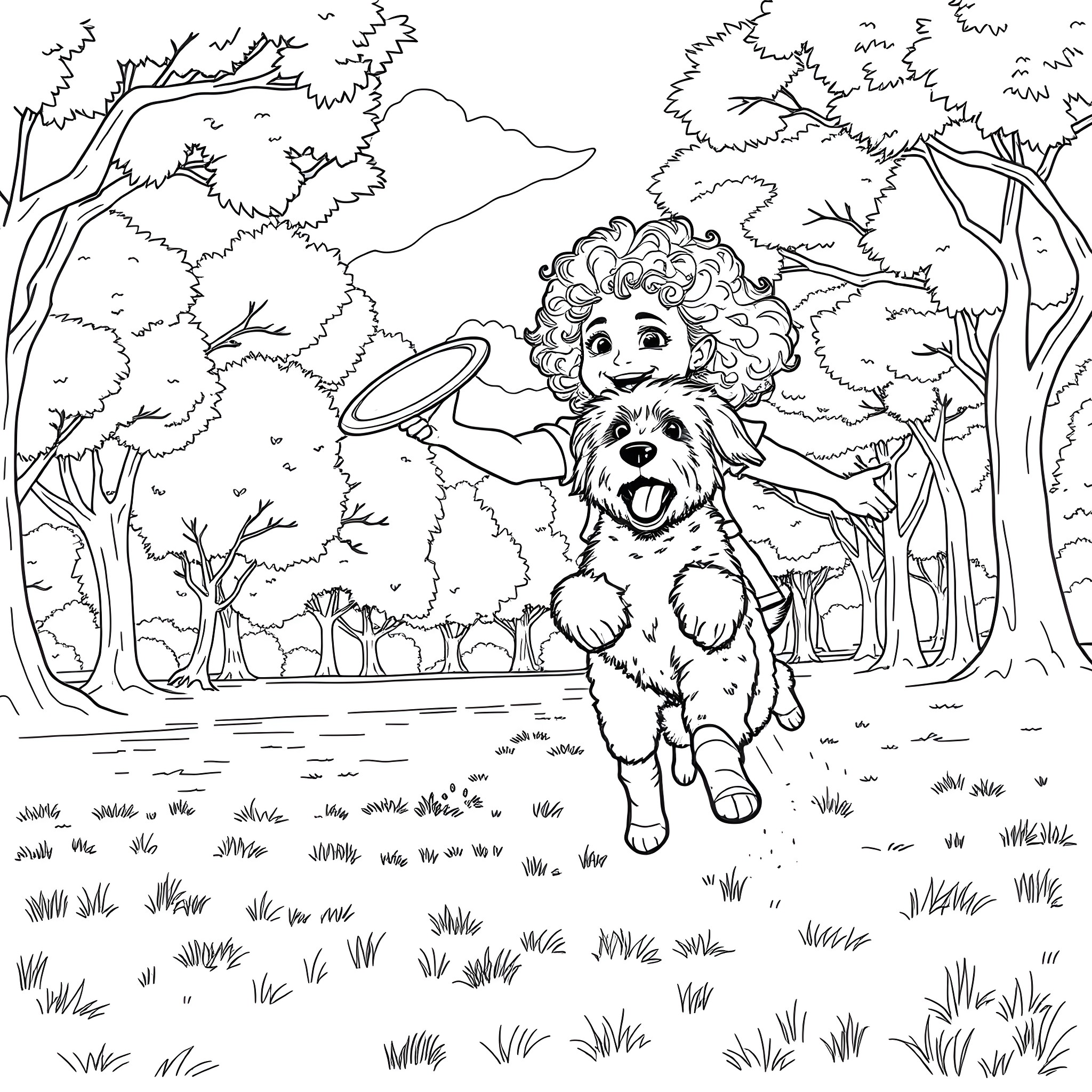 Girl and her friendly dog playing in the forest Coloring Page (free black-and-white line drawing printable PDF for all, from beginners to advanced learners, including children, teens, adults, and seniors)