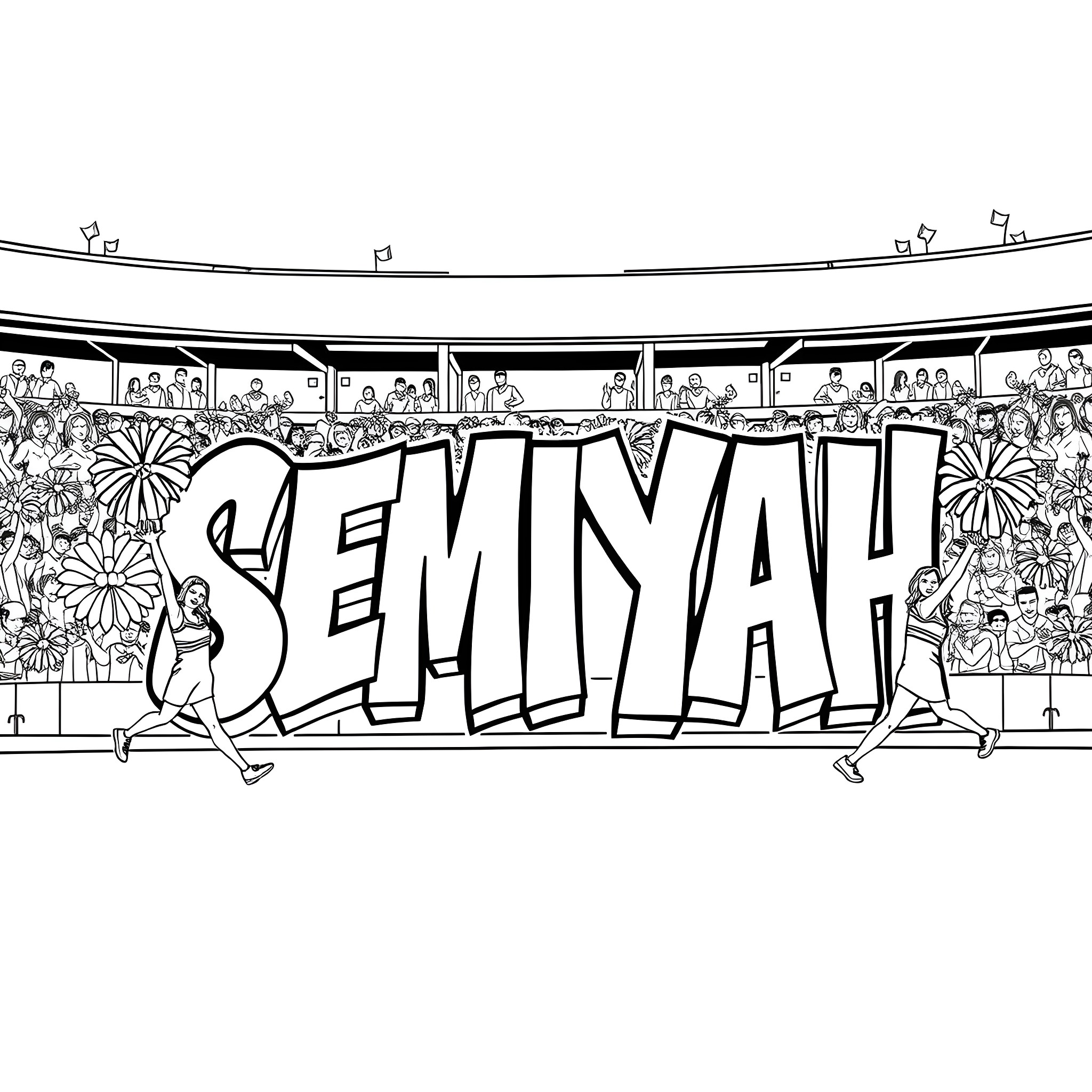 Cheerleaders performing energetic dance at carnival Coloring Page (free black-and-white line drawing printable PDF for all, from beginners to advanced learners, including children, teens, adults, and seniors)