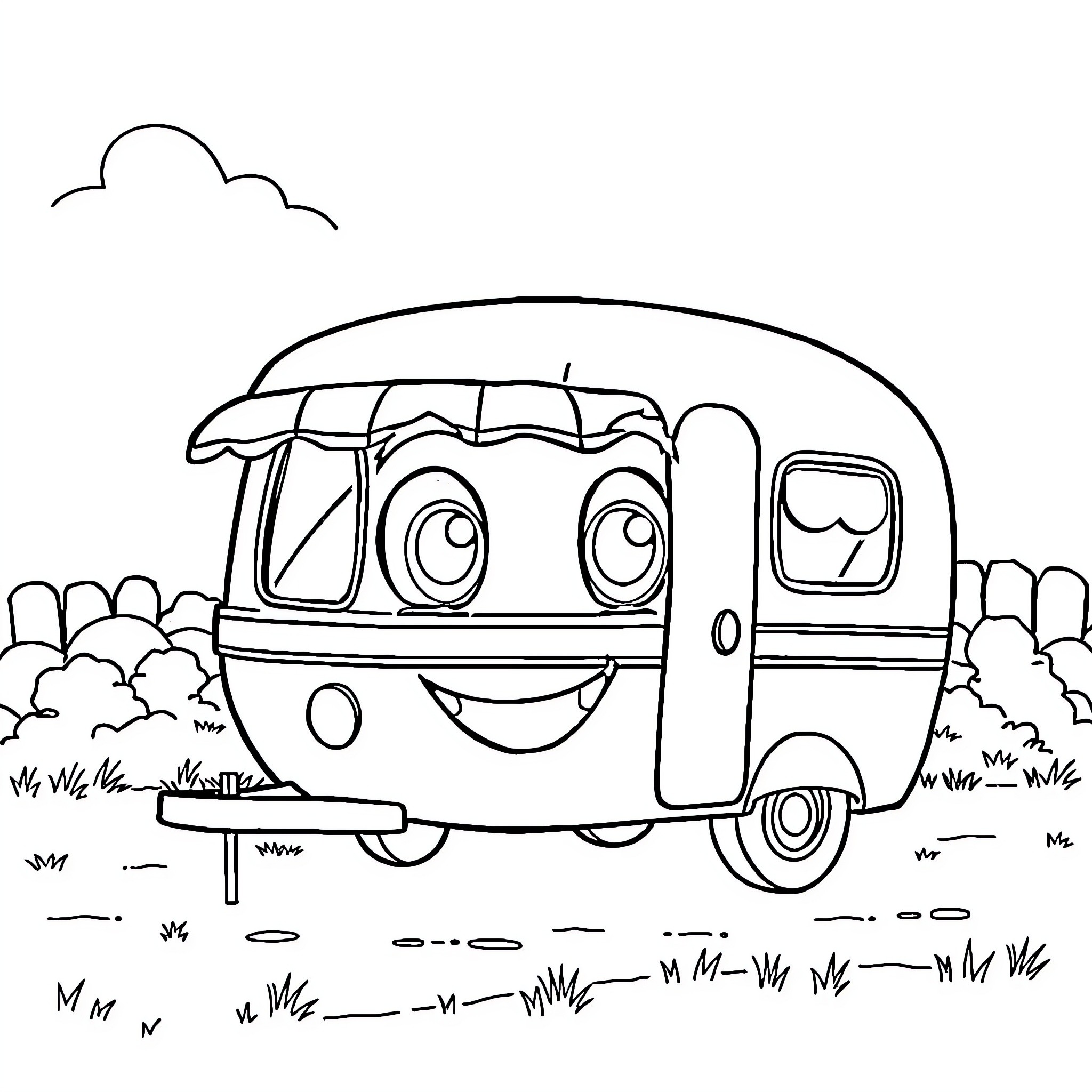 Caravan of a happy camper in the countryside Coloring Page (free black-and-white line drawing printable PDF for all, from beginners to advanced learners, including children, teens, adults, and seniors)