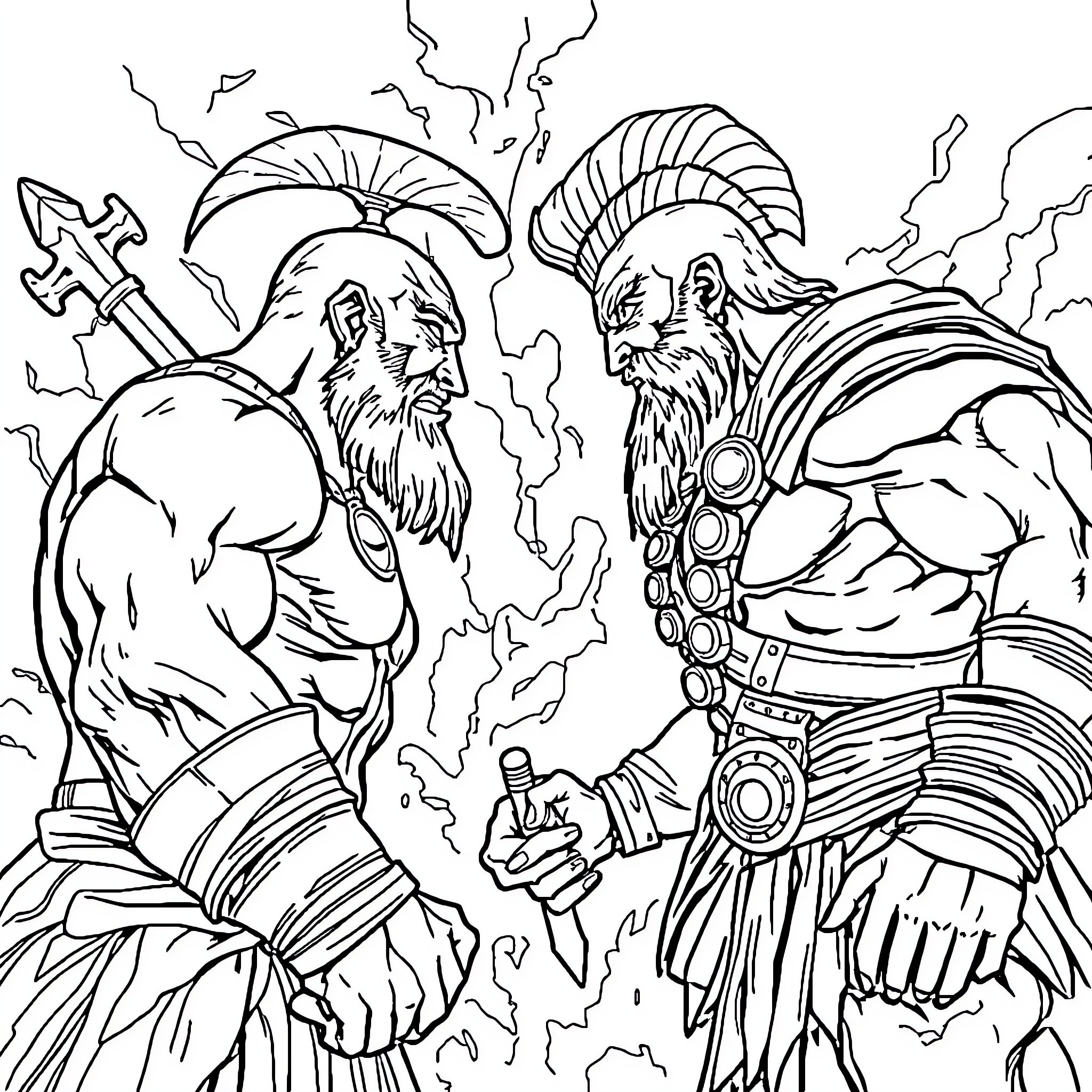 Kratos Confronting a Mighty Warrior in Epic Conflict Coloring Page (free black-and-white line drawing printable PDF for all, from beginners to advanced learners, including children, teens, adults, and seniors)