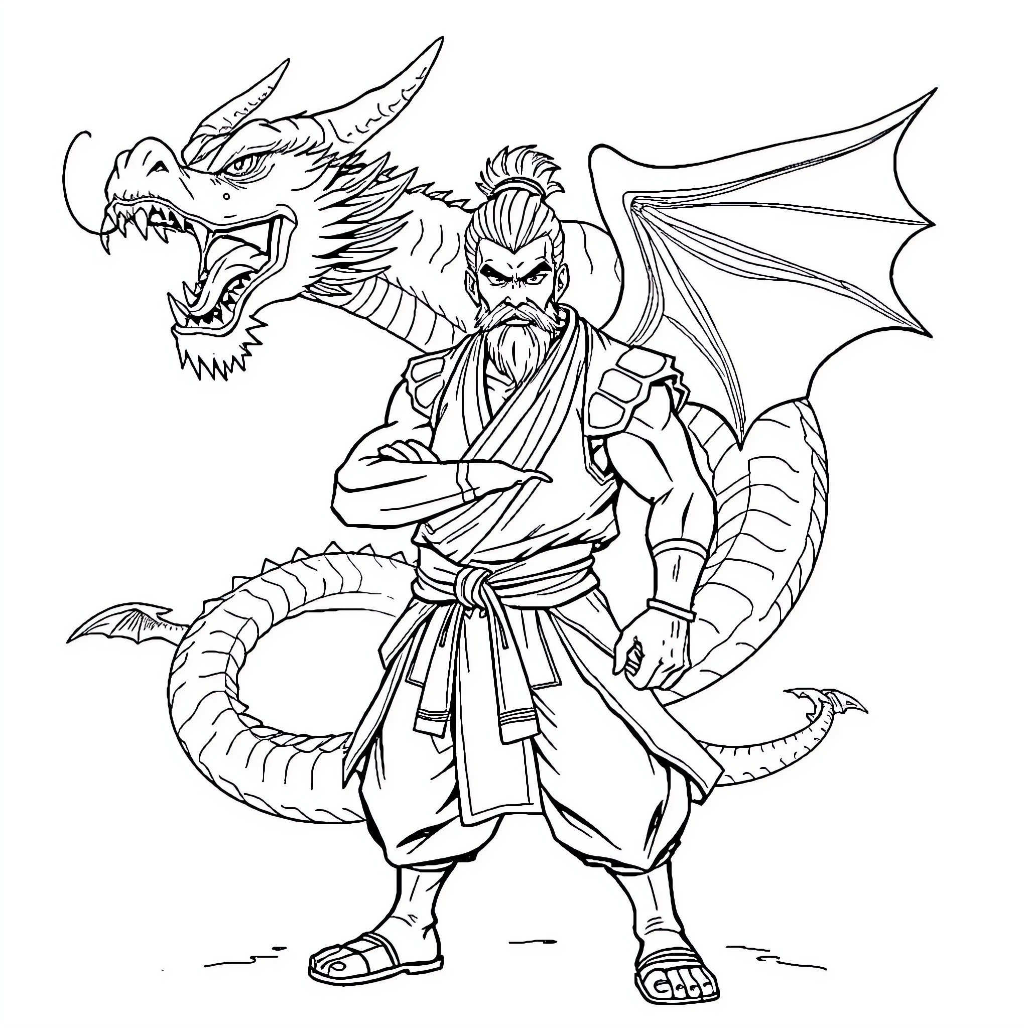 Sangoku's Fierce Dragon Warrior Battle Coloring Page (free black-and-white line drawing printable PDF for all, from beginners to advanced learners, including children, teens, adults, and seniors)