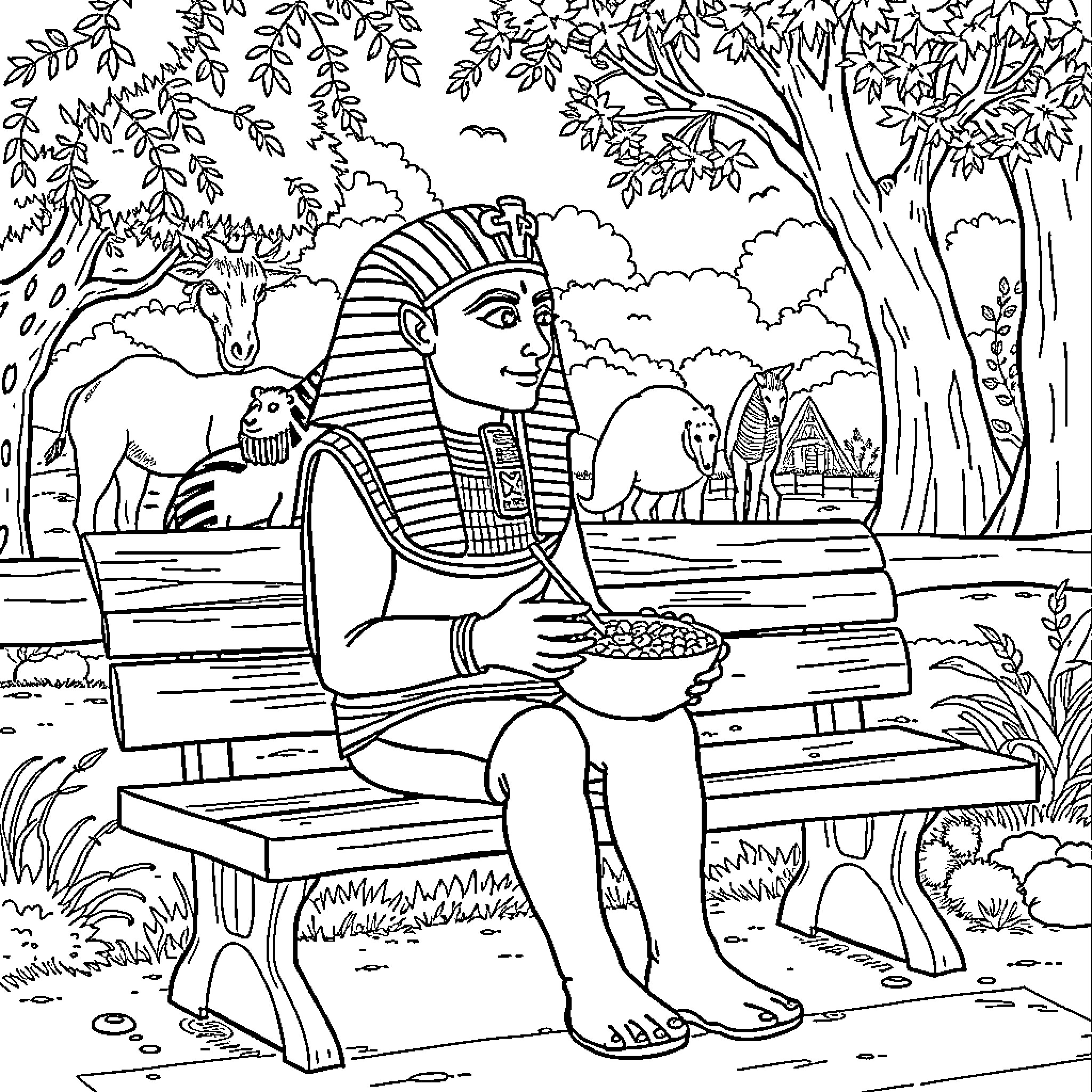 King Tut sitting on a bench in an ancient Egyptian landscape Coloring Page (free black-and-white line drawing printable PDF for all, from beginners to advanced learners, including children, teens, adults, and seniors)