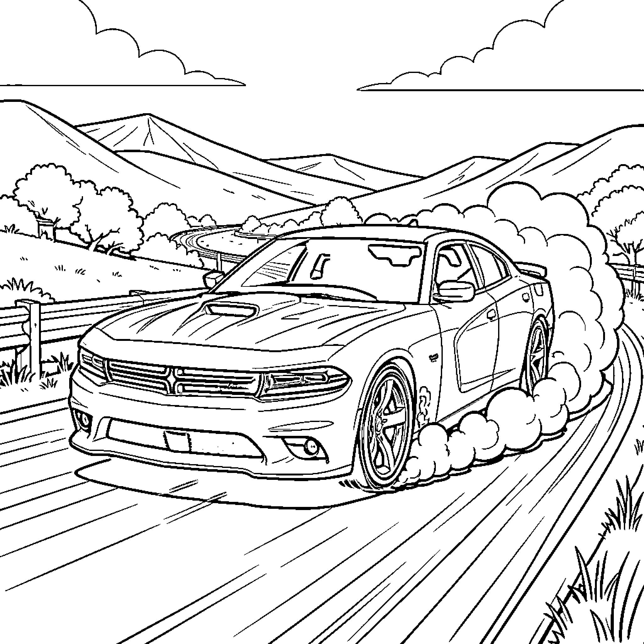 Dodge Charger speeding through scenic countryside Coloring Page (free black-and-white line drawing printable PDF for all, from beginners to advanced learners, including children, teens, adults, and seniors)