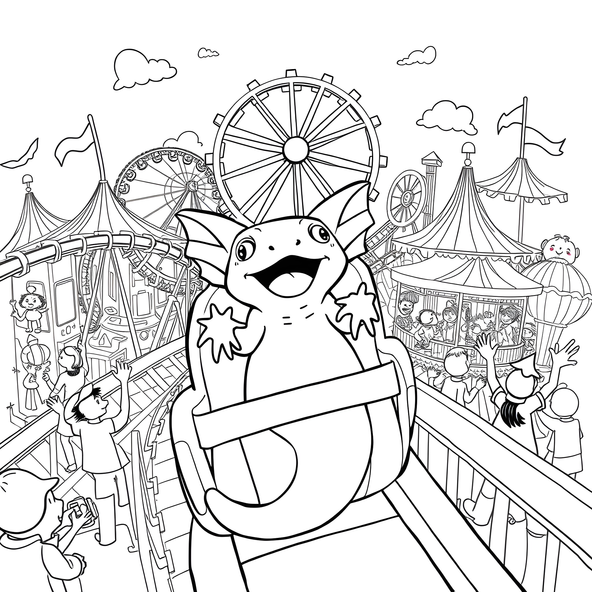Axolotl having fun at the carnival Coloring Page (free black-and-white line drawing printable PDF for all, from beginners to advanced learners, including children, teens, adults, and seniors)