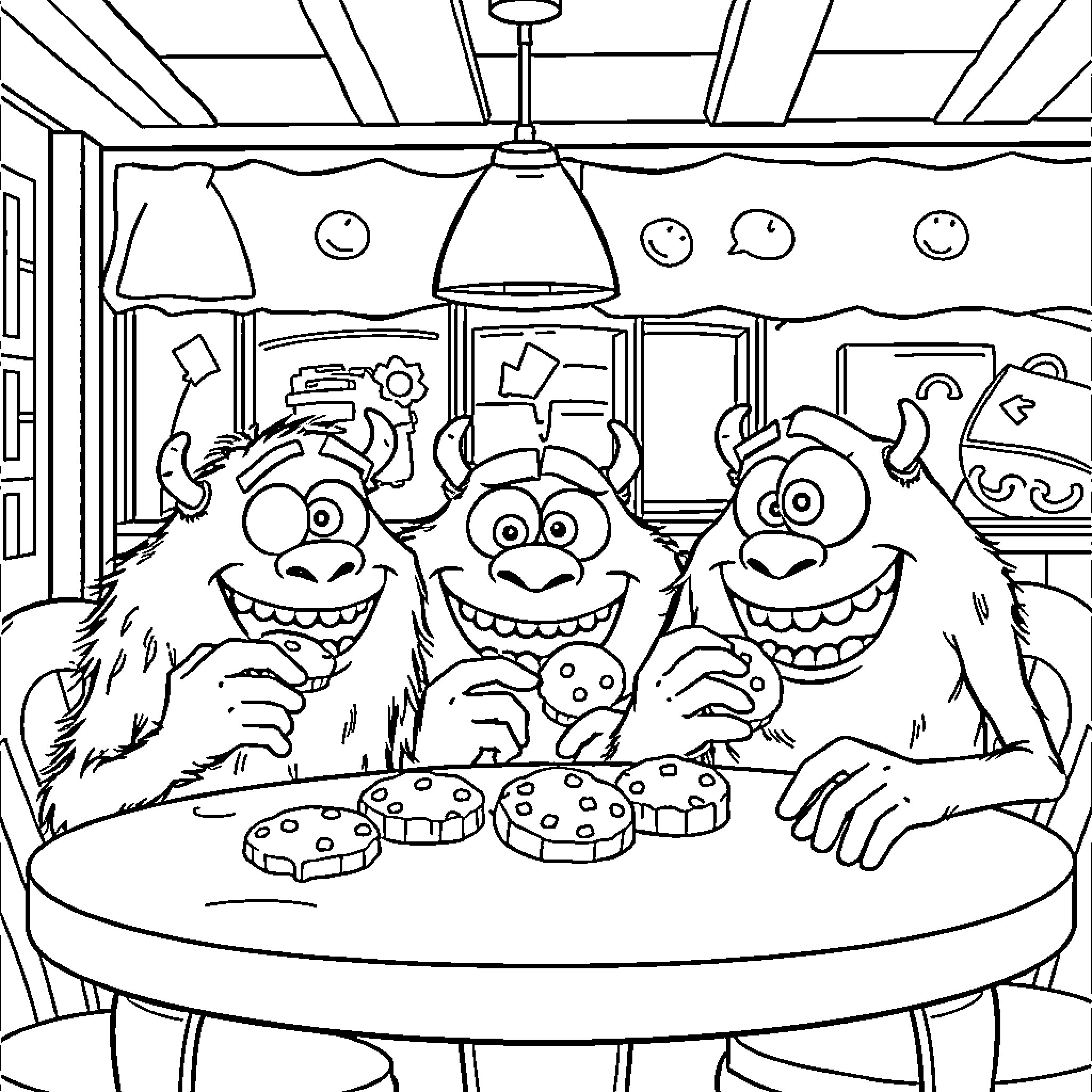 Monster Friends Enjoying a Meal Together Coloring Page (free black-and-white line drawing printable PDF for all, from beginners to advanced learners, including children, teens, adults, and seniors)