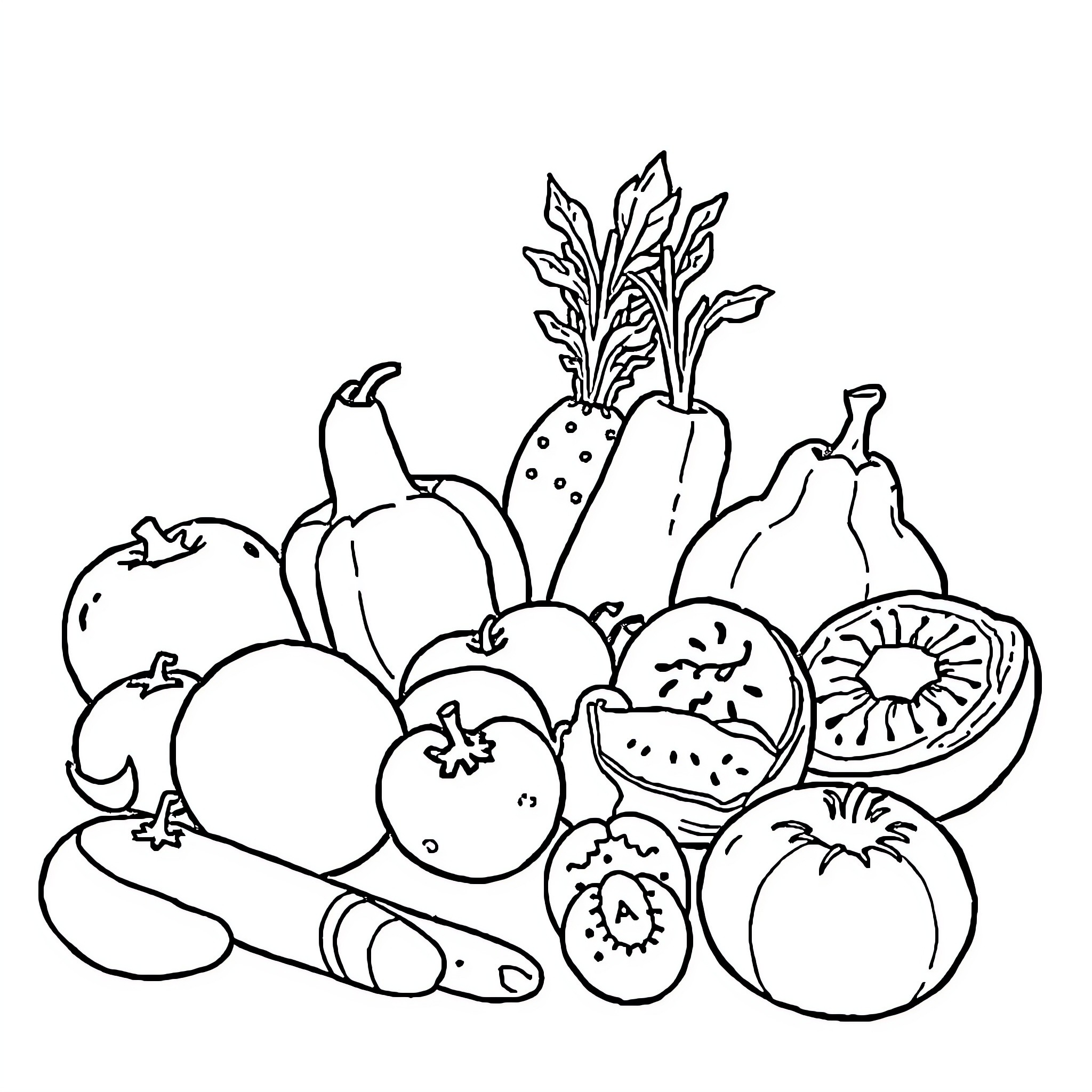Food Assortment of Fruits and Vegetables Coloring Page (free black-and-white line drawing printable PDF for all, from beginners to advanced learners, including children, teens, adults, and seniors)